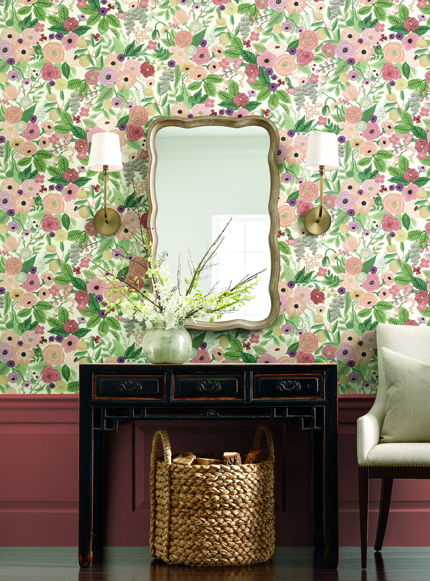 flower wallpaper basket of wood mirror