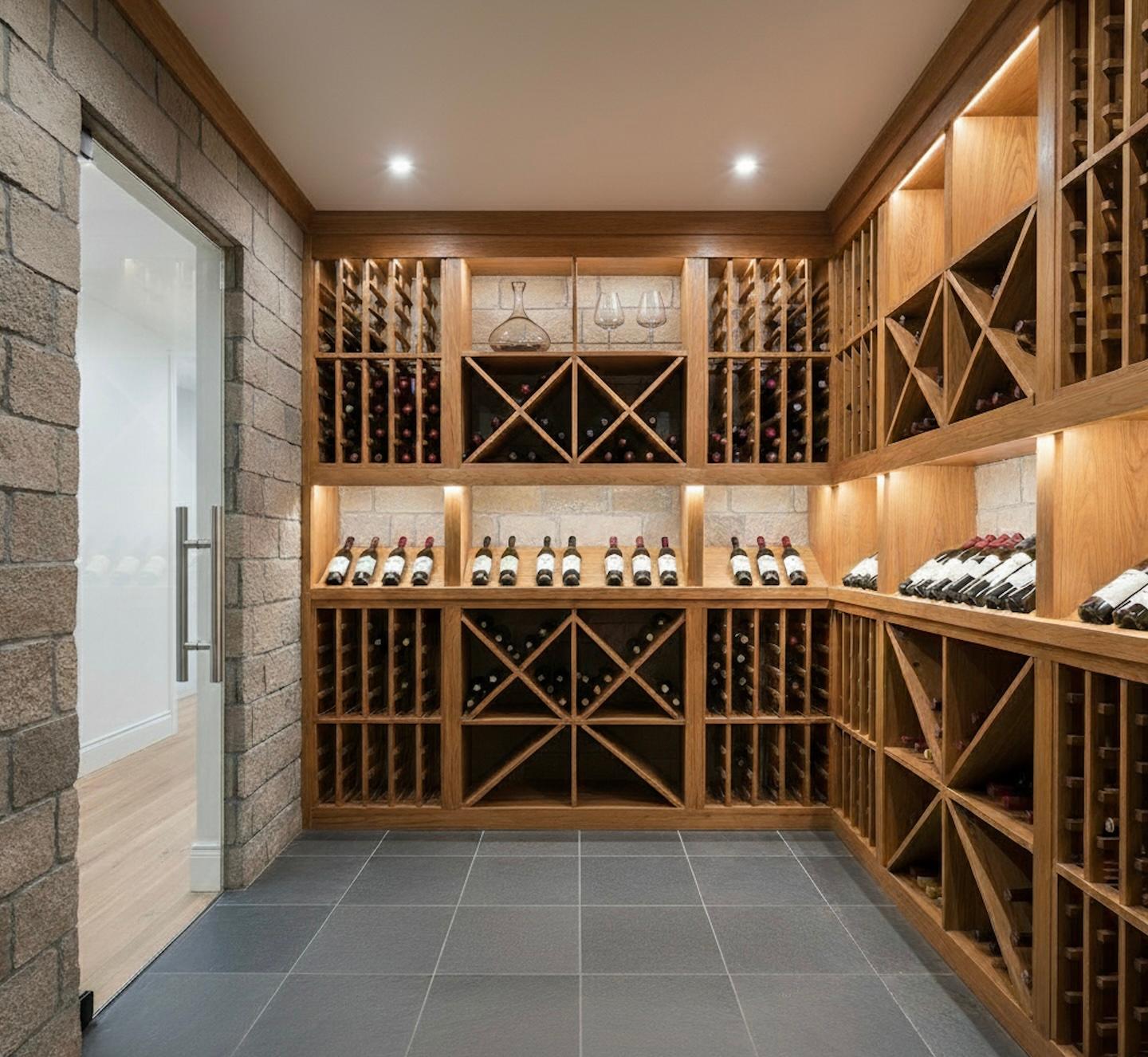 Modern wine cellar with wooden racks filled with wine bottles, glassware on top. Soft lighting creates a warm, inviting ambiance. Gray tiled floor.