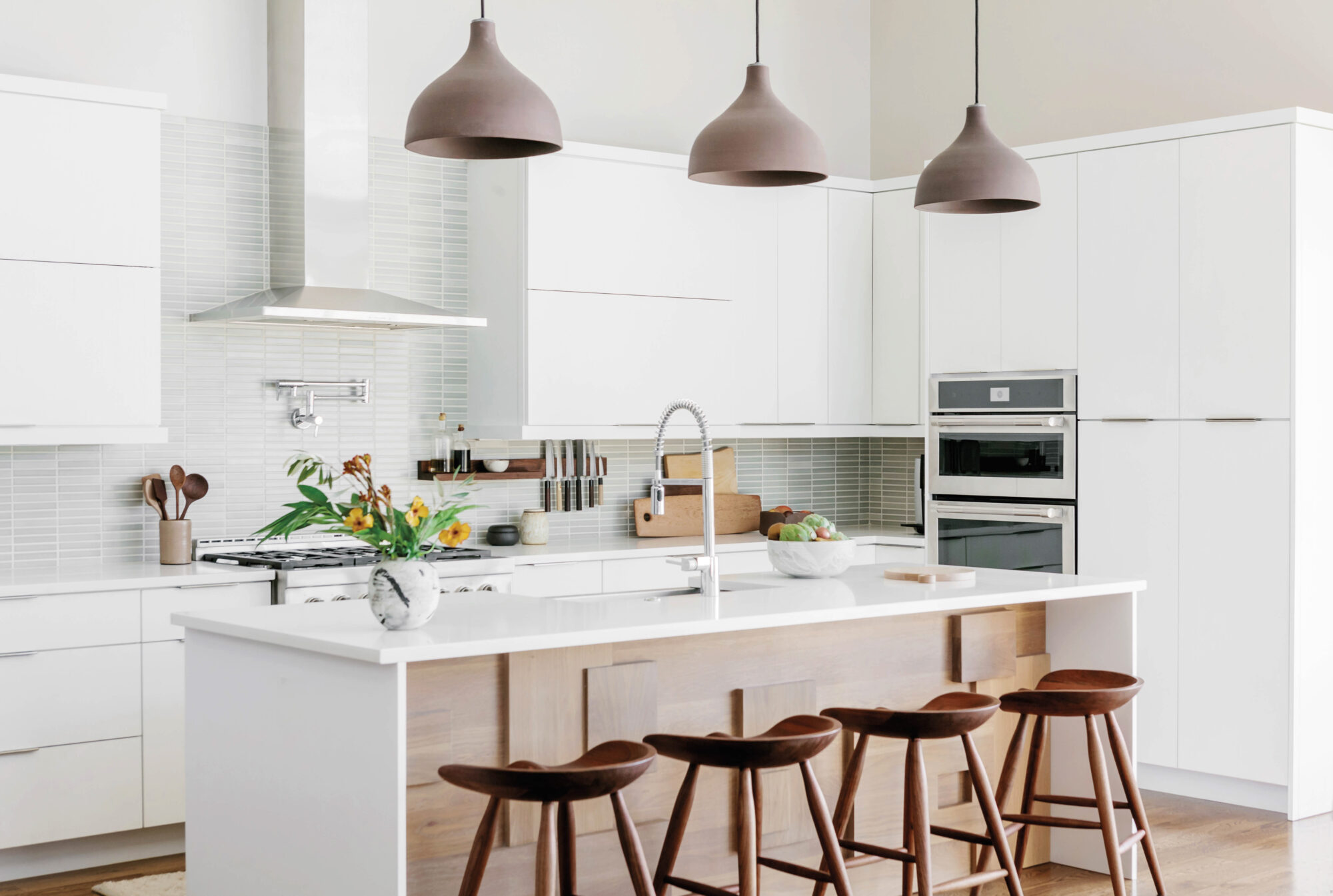 kitchen with island and backless stools