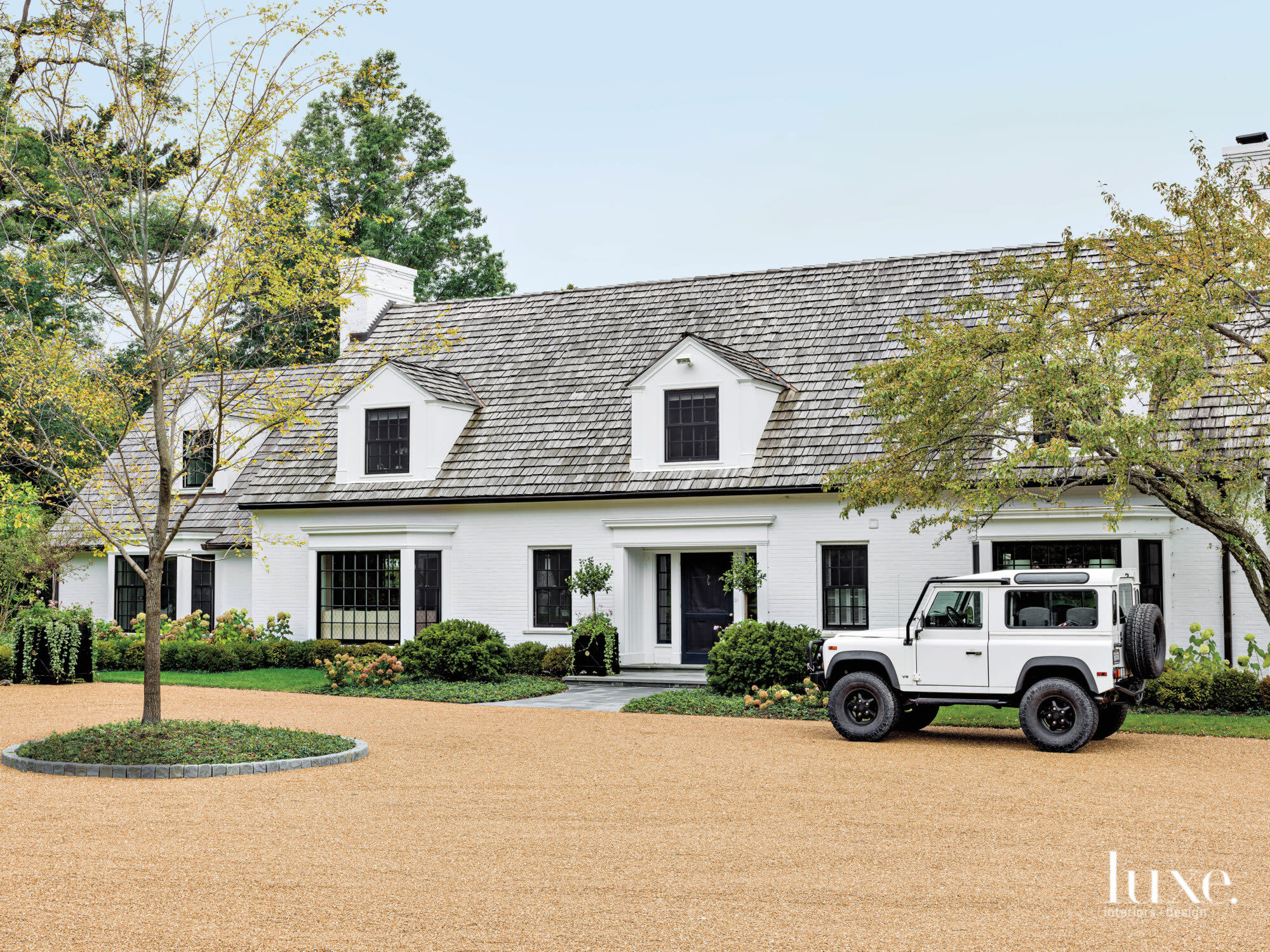 The facade of the English country-style home.