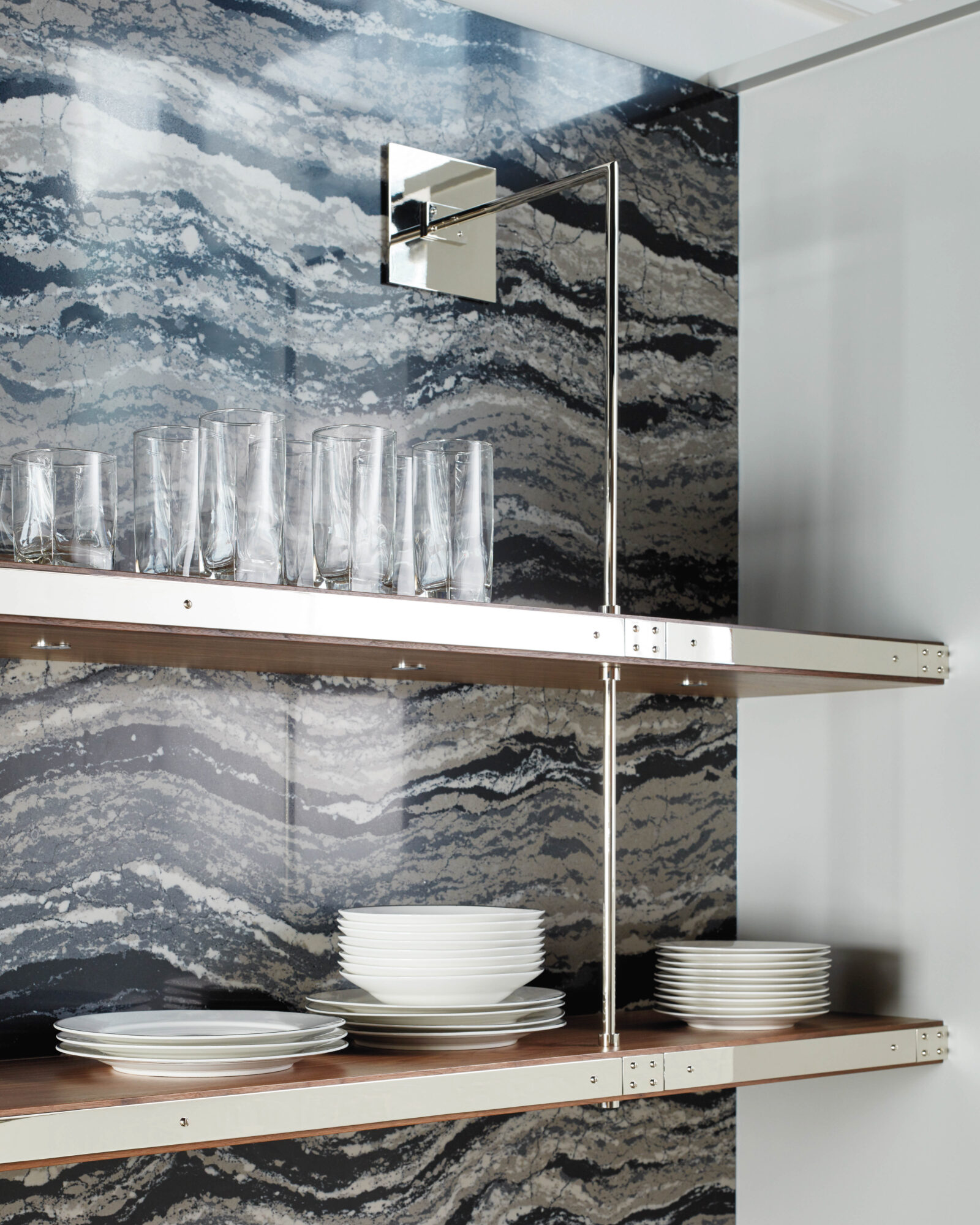 Kitchen with veined blue marble backsplash