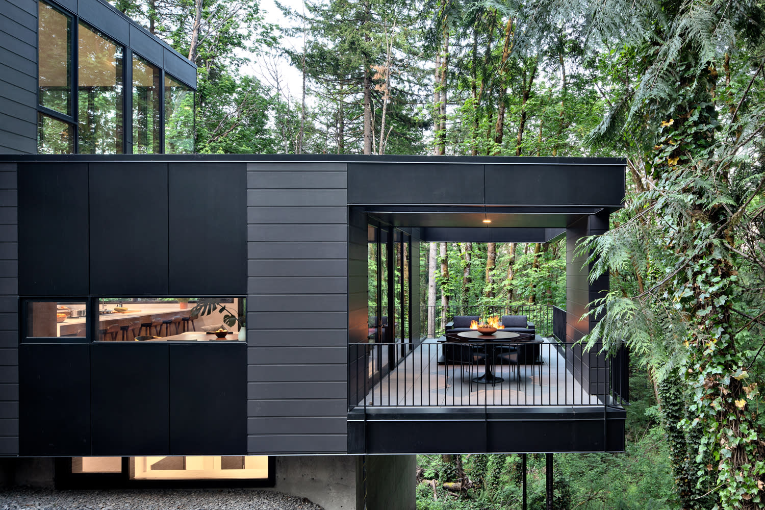 black home exterior with cantilevers and terraces in the Pacific Northwest