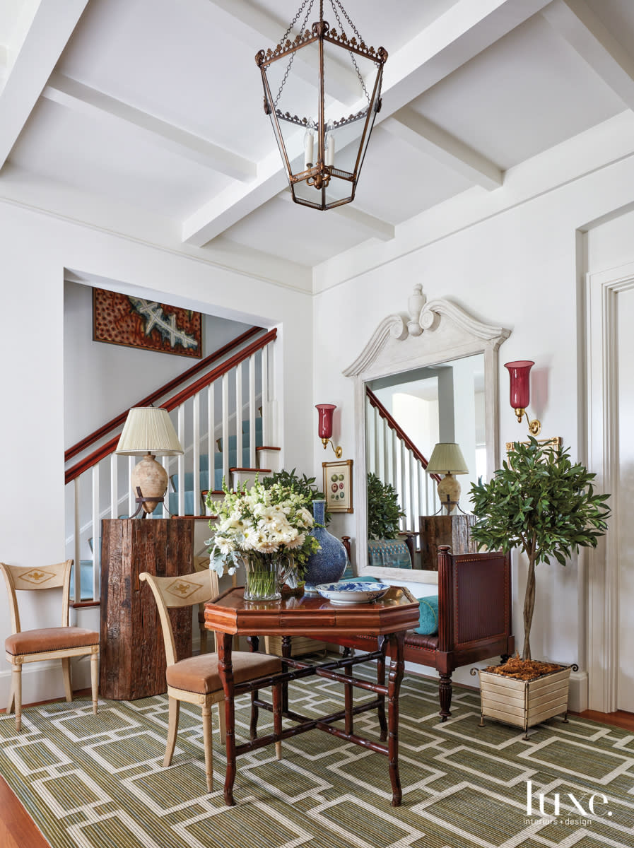 brass lantern foyer card table and wood mirror