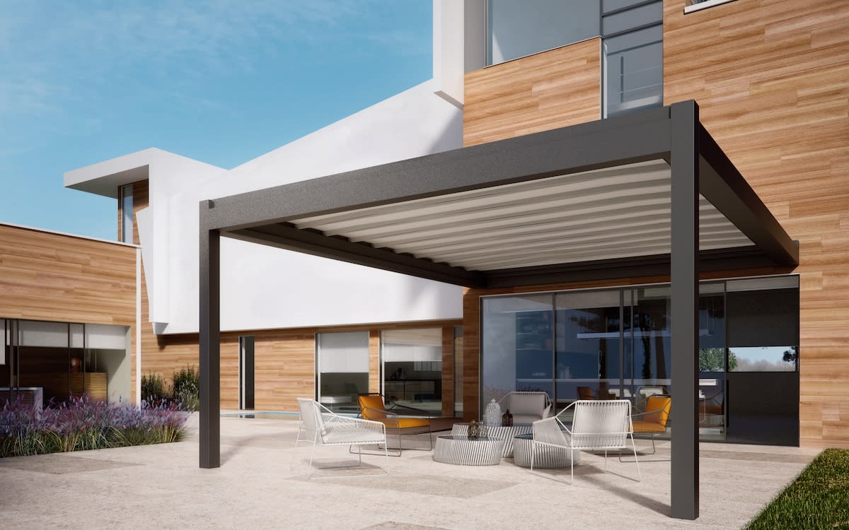 A sleek patio design with a covered area and inviting outdoor furniture, perfect for enjoying the outdoors.