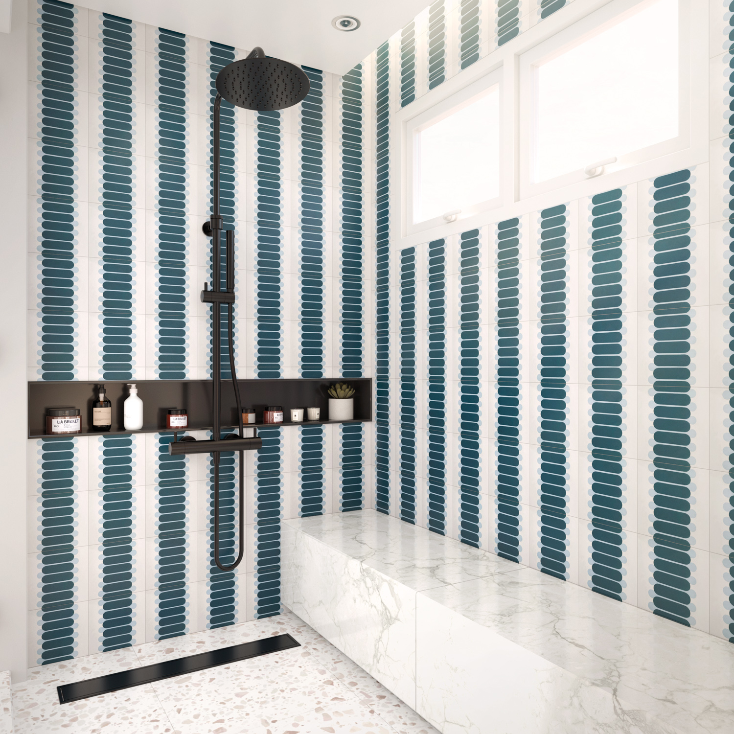 teal and white tiled shower