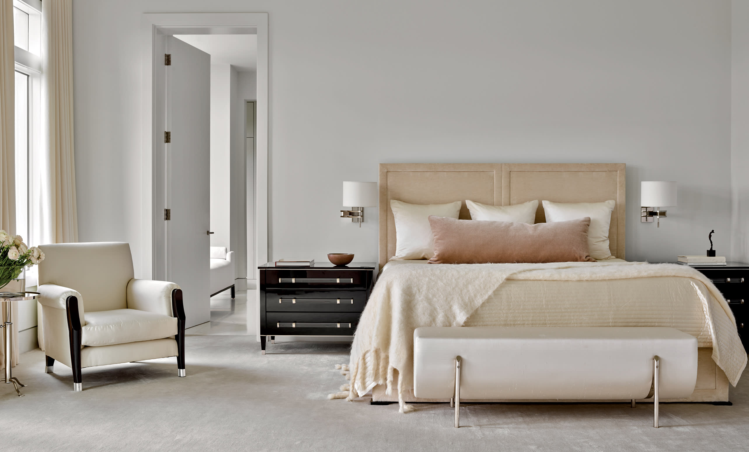 contemporary bedroom with champagne tones and velvet bedding