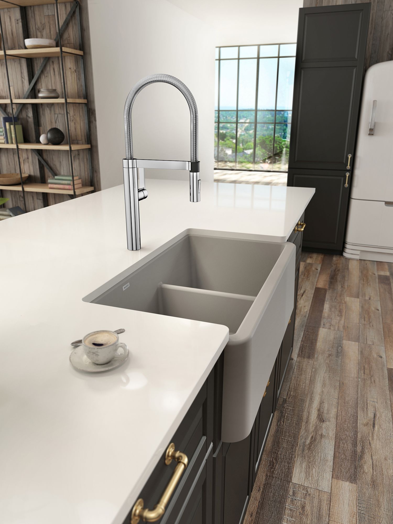 blanco gray sink on white island with teacup