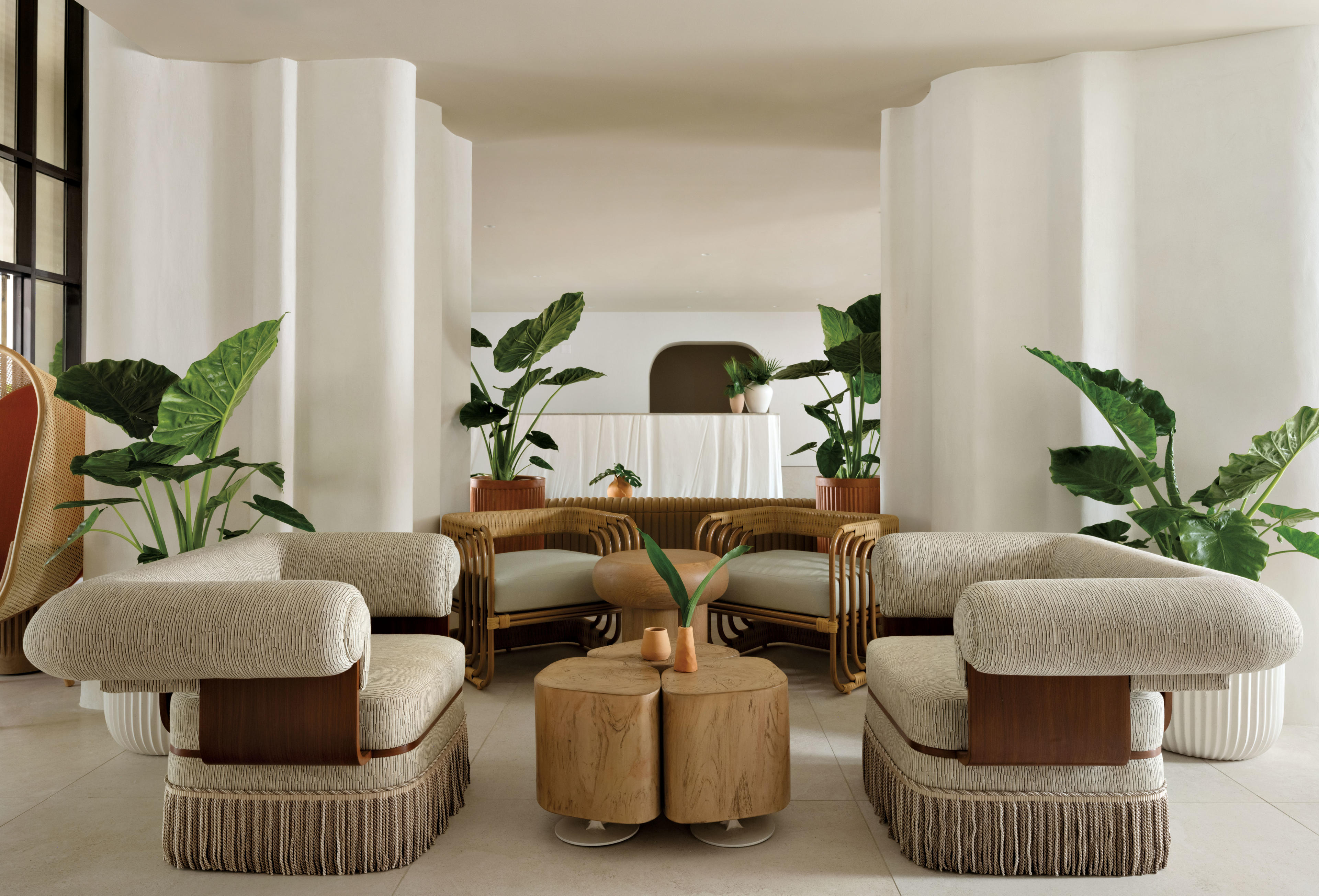 hotel lobby with a coast vibe and neutral furnishings