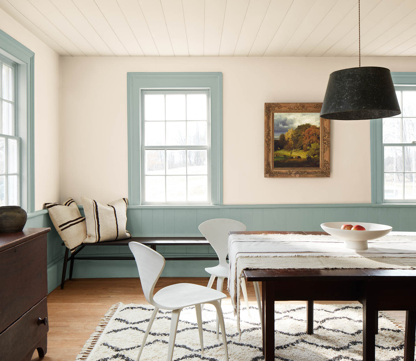 dining room featuring Benjamin Moore's Color of the Year 2026 palette shade First Crush and Raindance
