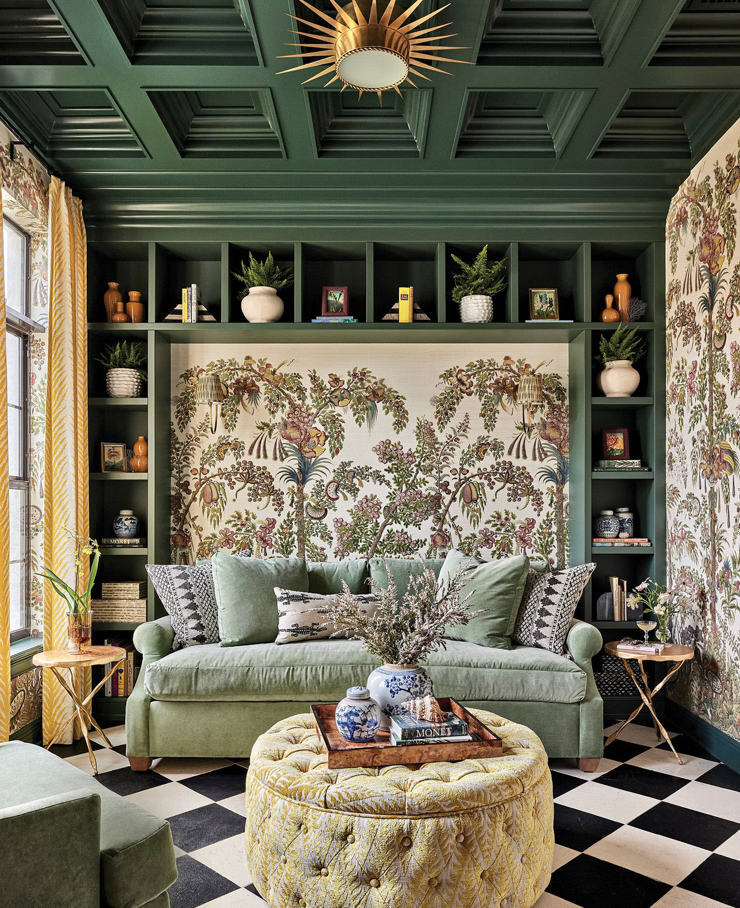 emerald green library with a painterly Pierre Frey mural