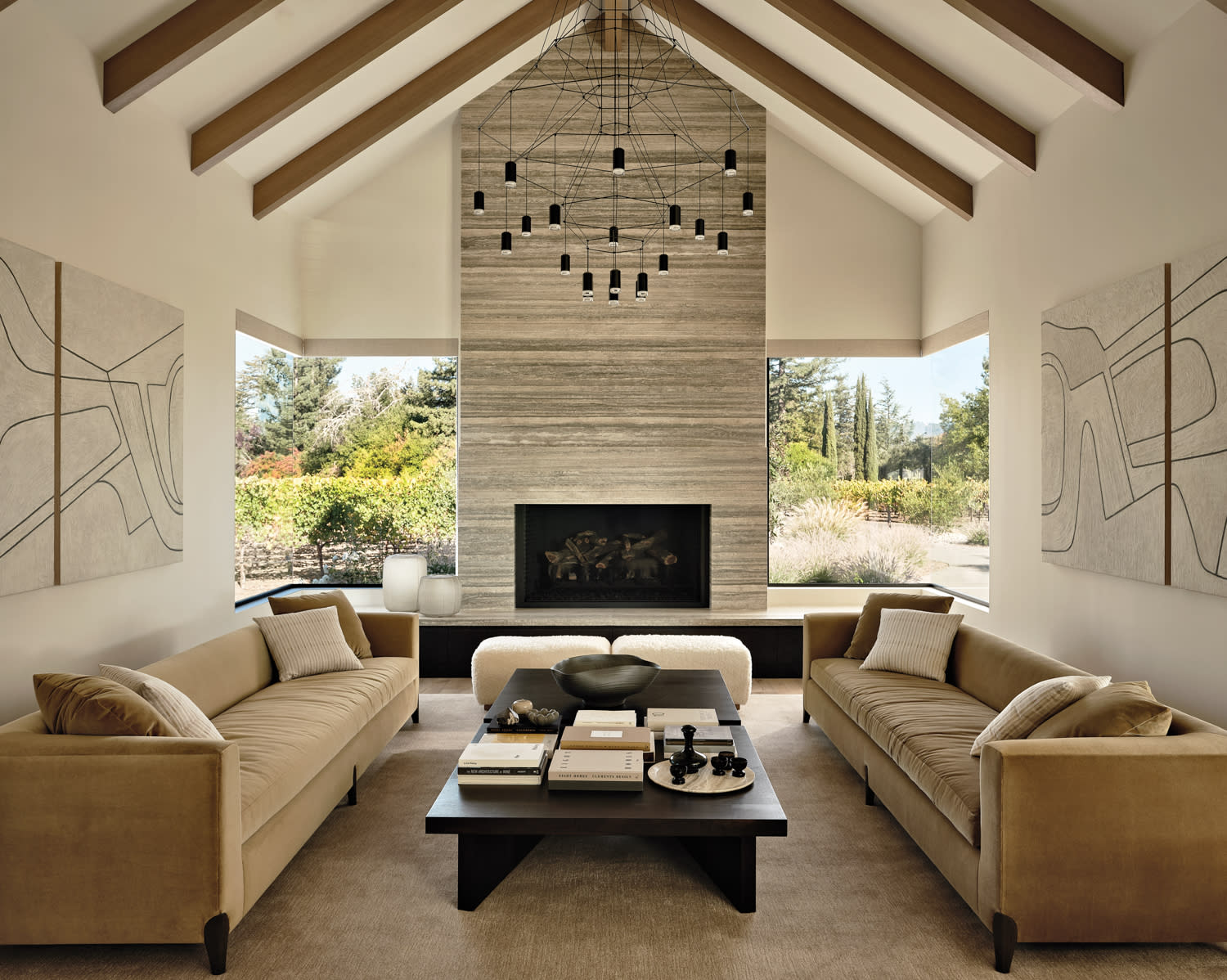 neutral living room with exposed beams and contemporary style