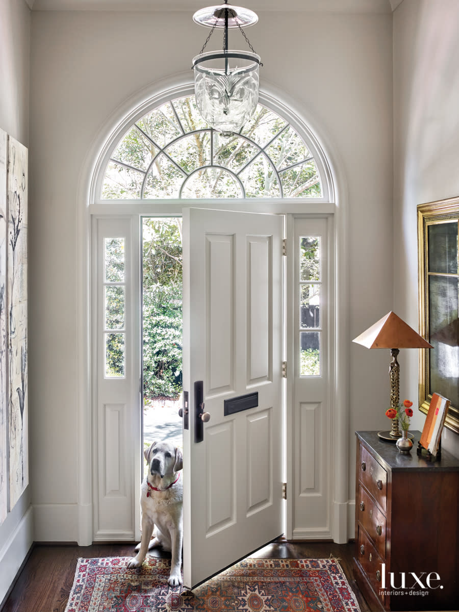 open door with windows and pet dog in doorway