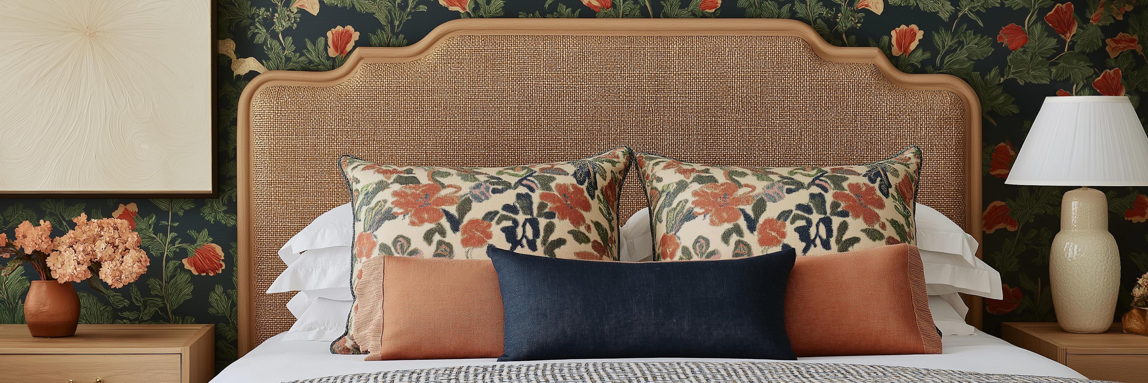 classic headboard silhouette against a floral wallpaper