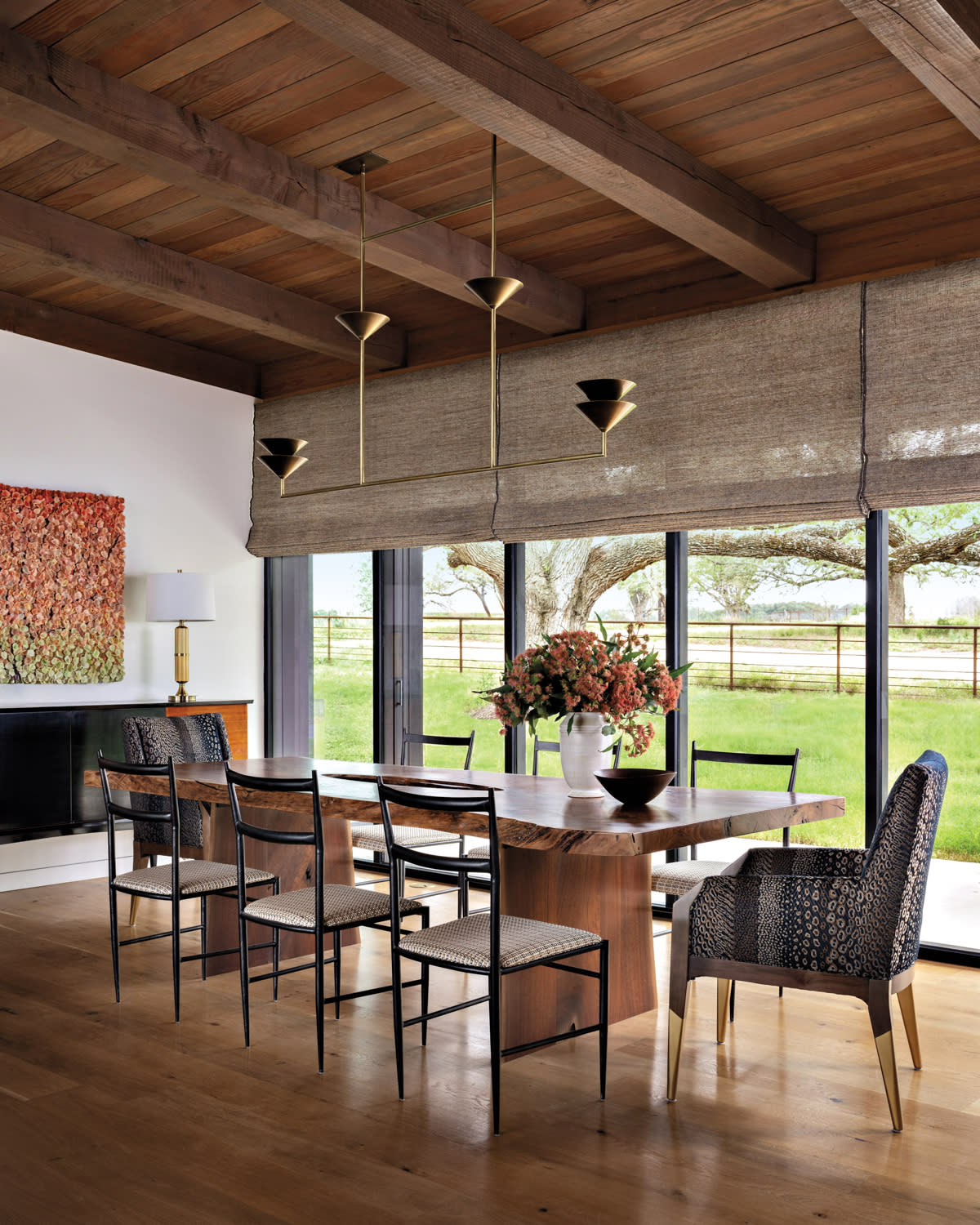 modern organic dining room with a live-edge table