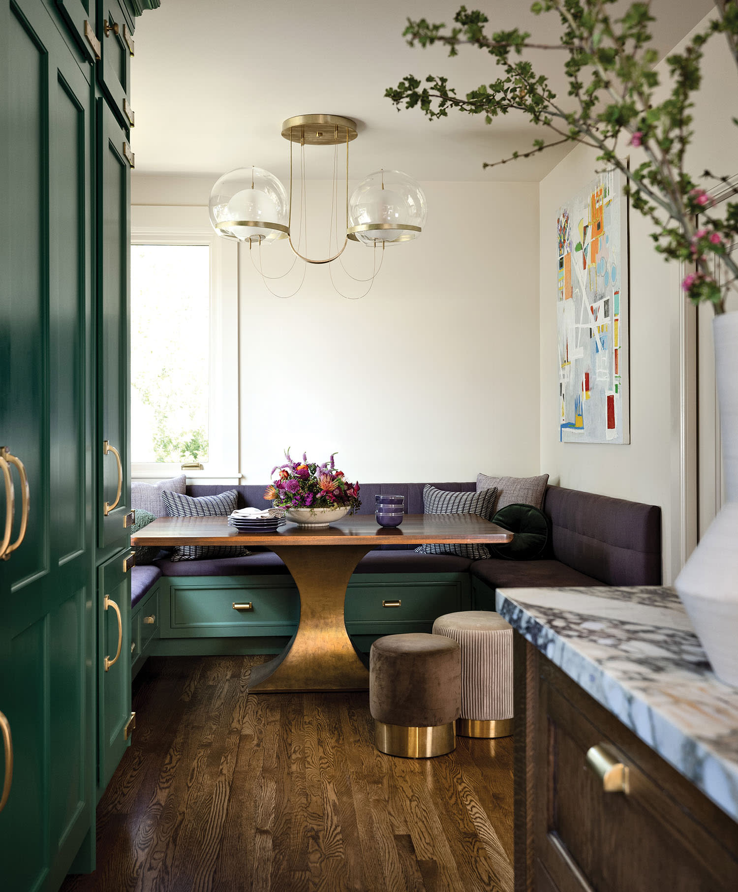 breakfast nook in a classic kitchen in browns and greens