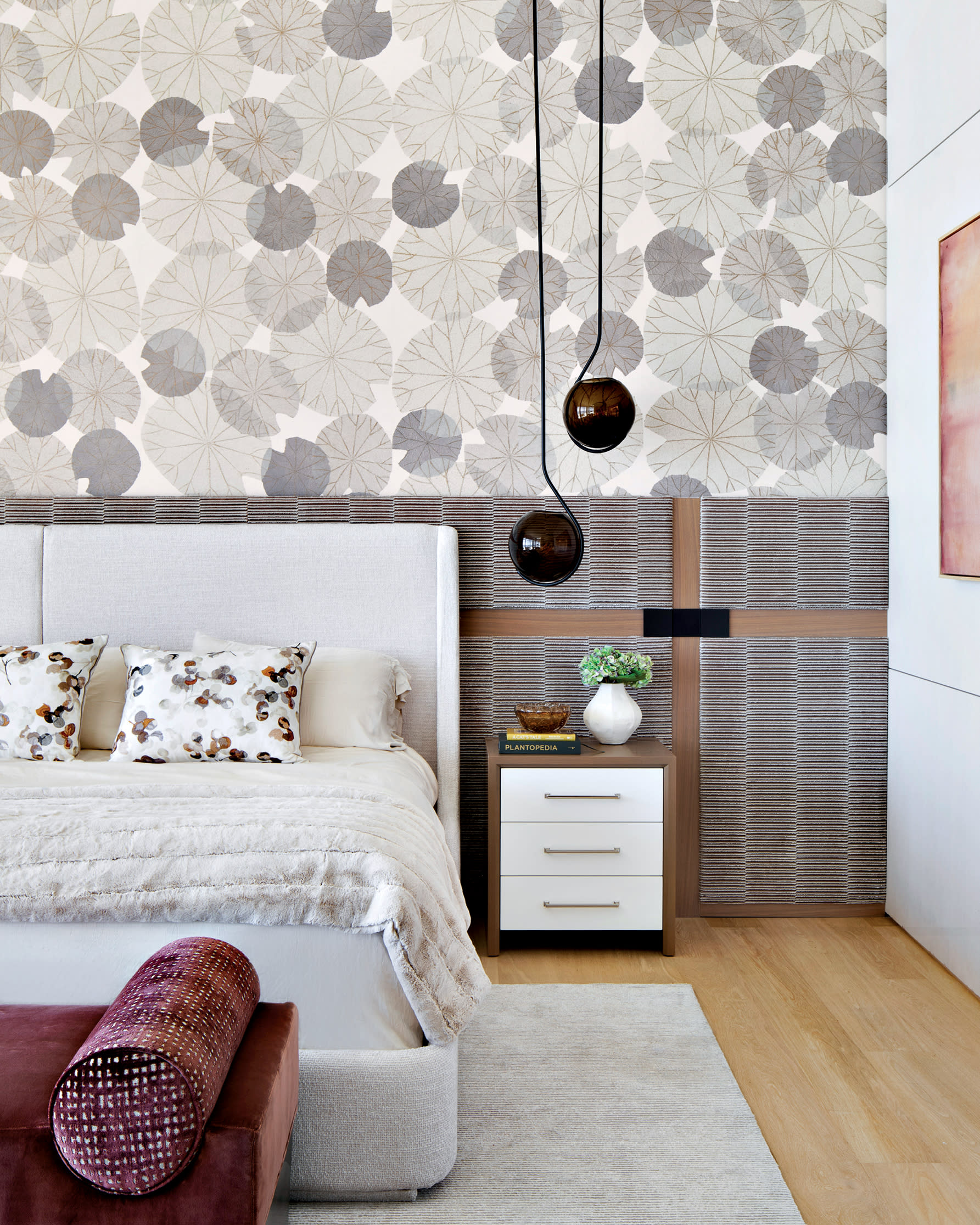 contemporary bedroom with circular floral wallpaper