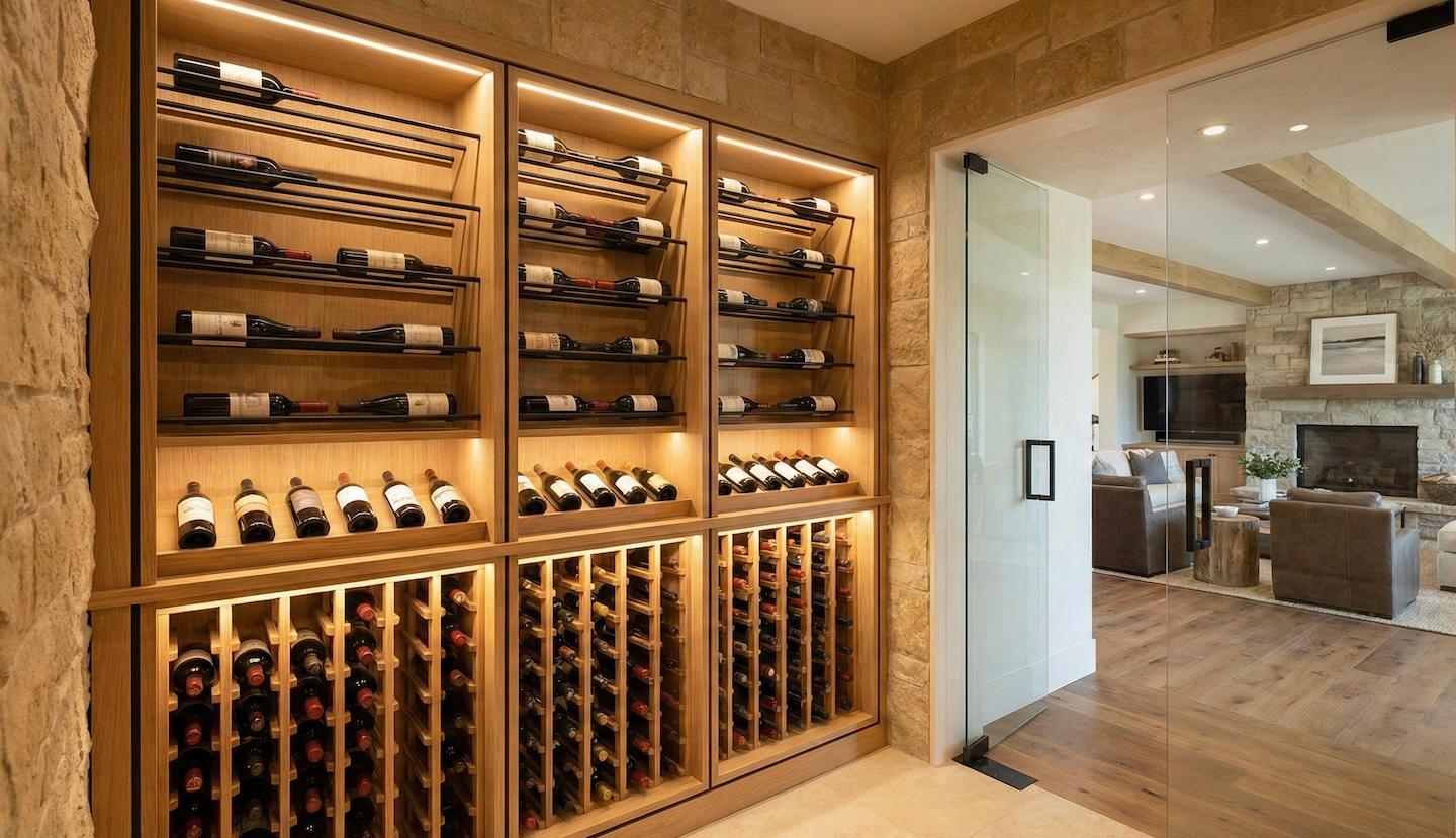 A warmly lit wine cellar with wooden racks holding numerous wine bottles is adjacent to a cozy living room, separated by a glass door.
