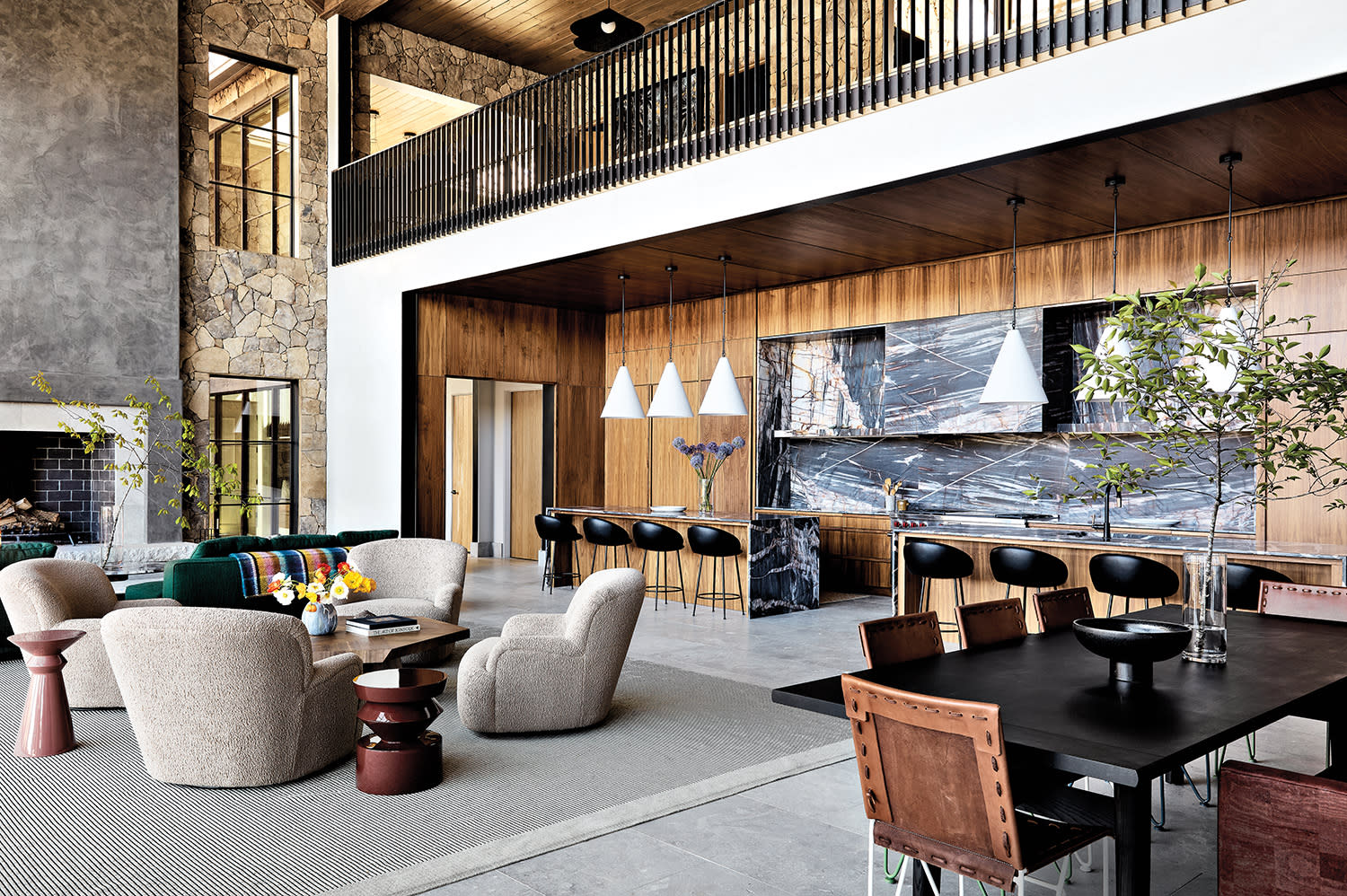 rustic mountain home's great room in neutral tones