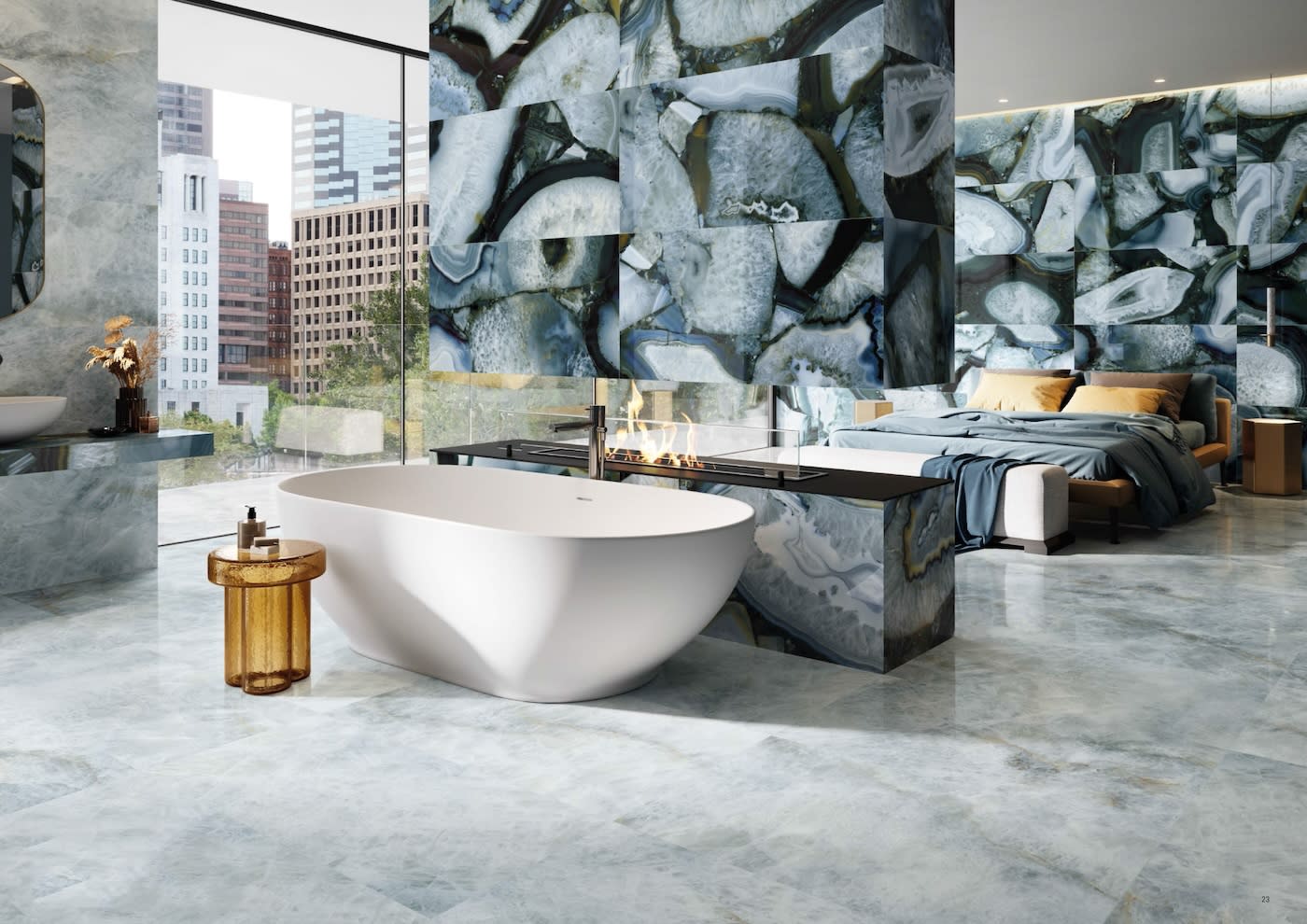 Modern bathroom with a freestanding white tub, agate stone walls, and large windows overlooking a cityscape. The ambiance is luxurious and serene.