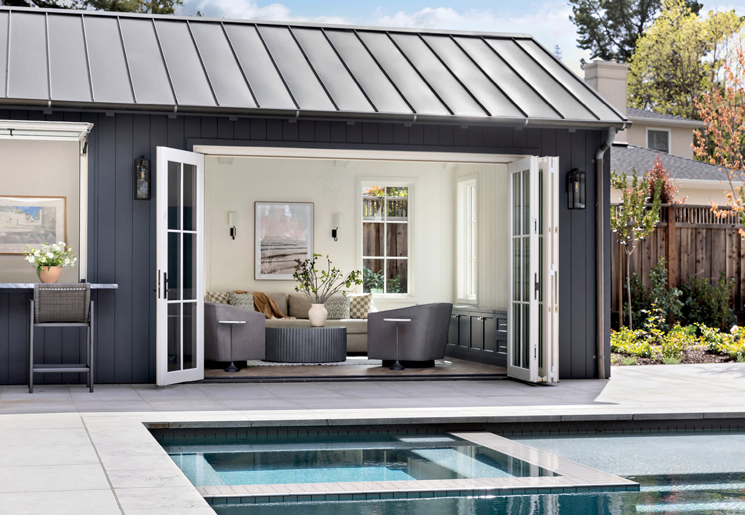 open pool cabana with bi-fold doors