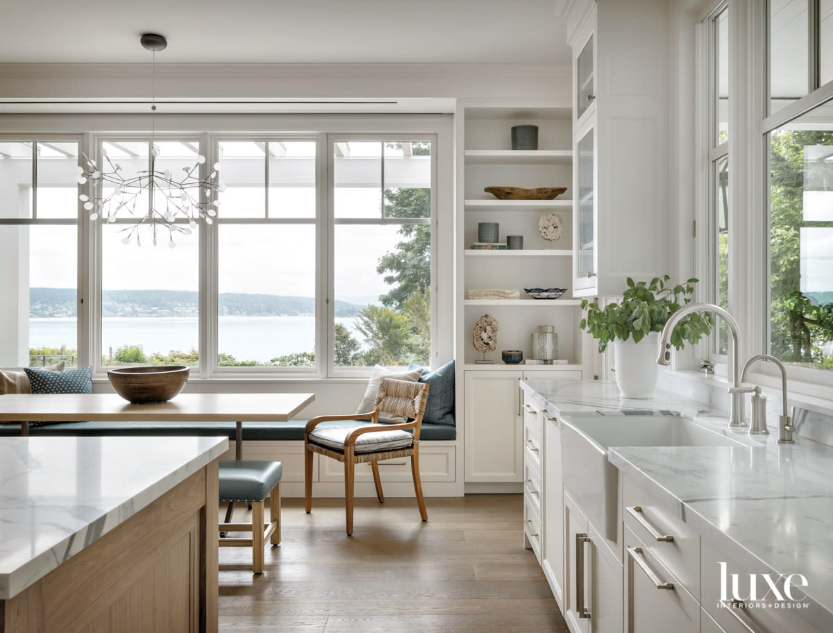 Detail of kitchen with built in seating area