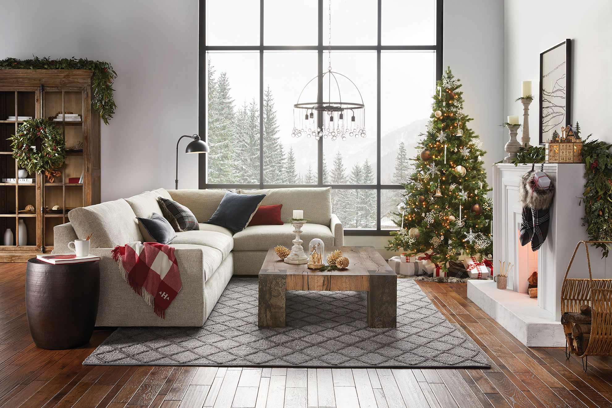 arhaus couch christmas tree fireplace