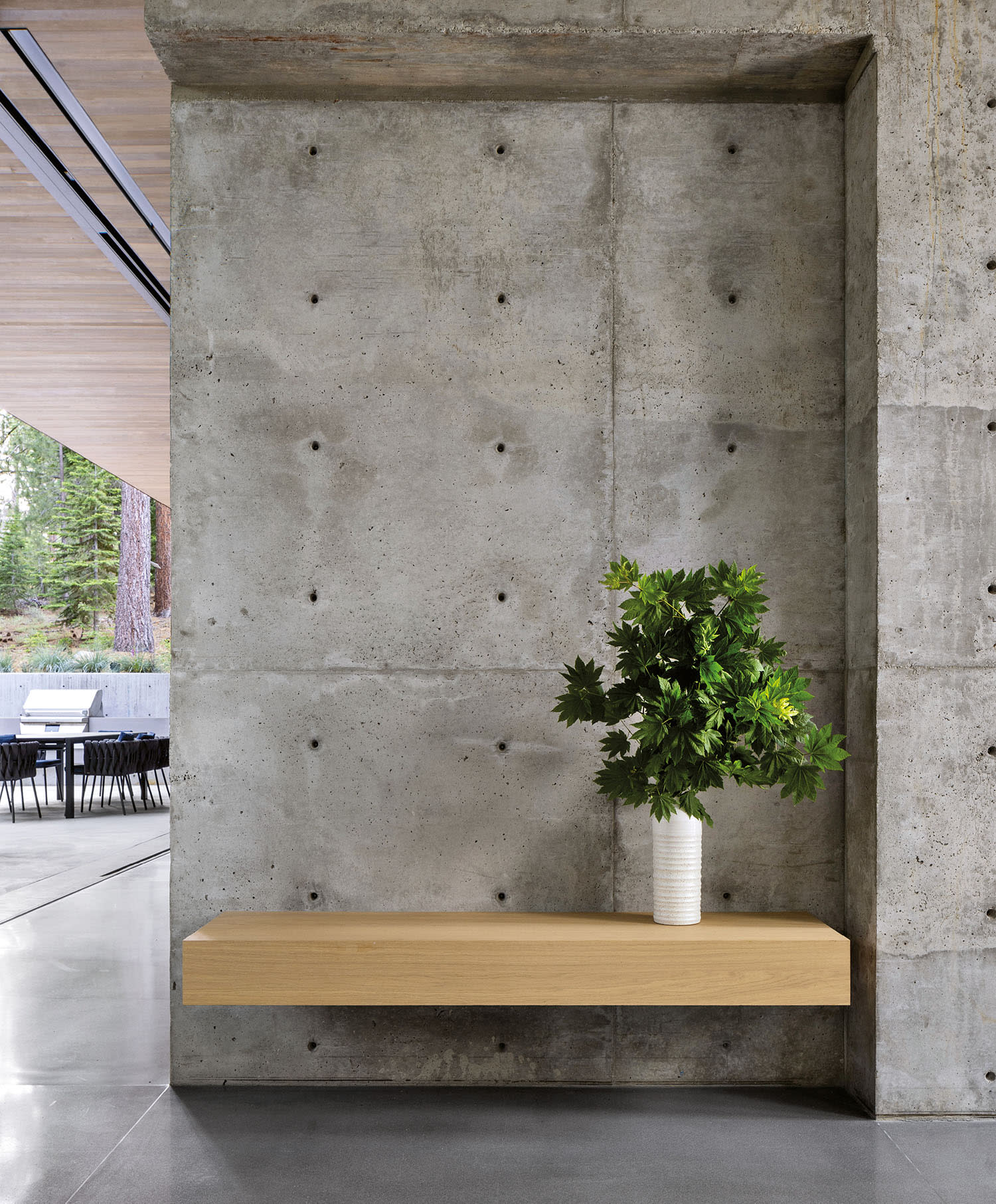 A minimalist concrete wall with a wooden floating shelf holding a lush green plant in a white vase