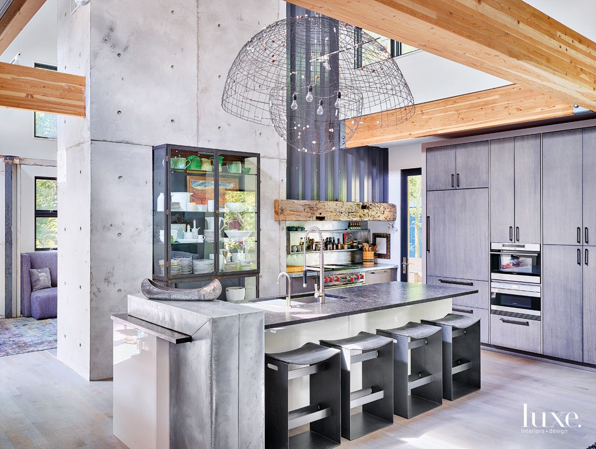 Modern White Kitchen with Corrugated-Steel Container Wall | LUXE Interiors  + Design, image size:1200x905