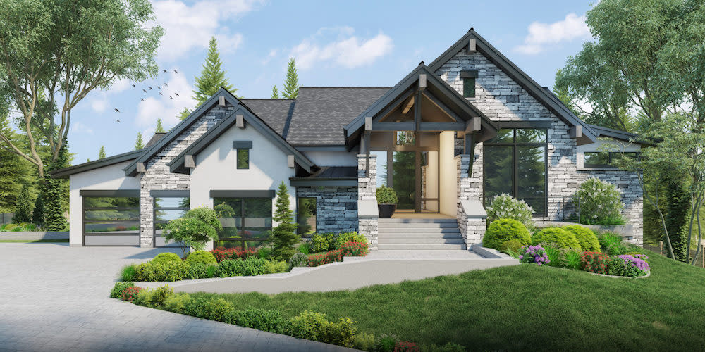 Front exterior of this modern, mountain home. Stones in gray tones with black trim and black framed windows make this home inviting.