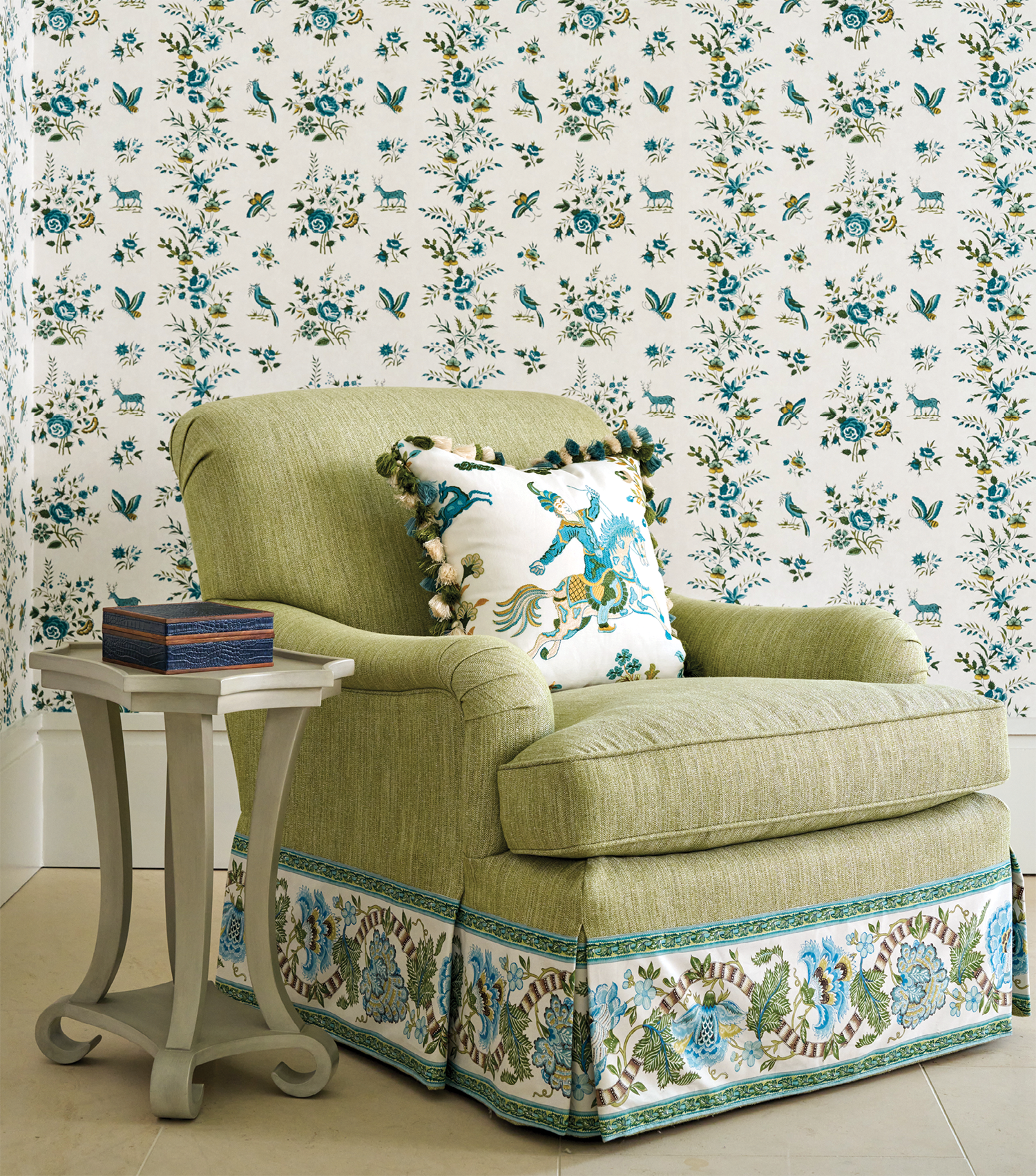 traditional green and blue seating vignette by Kravet