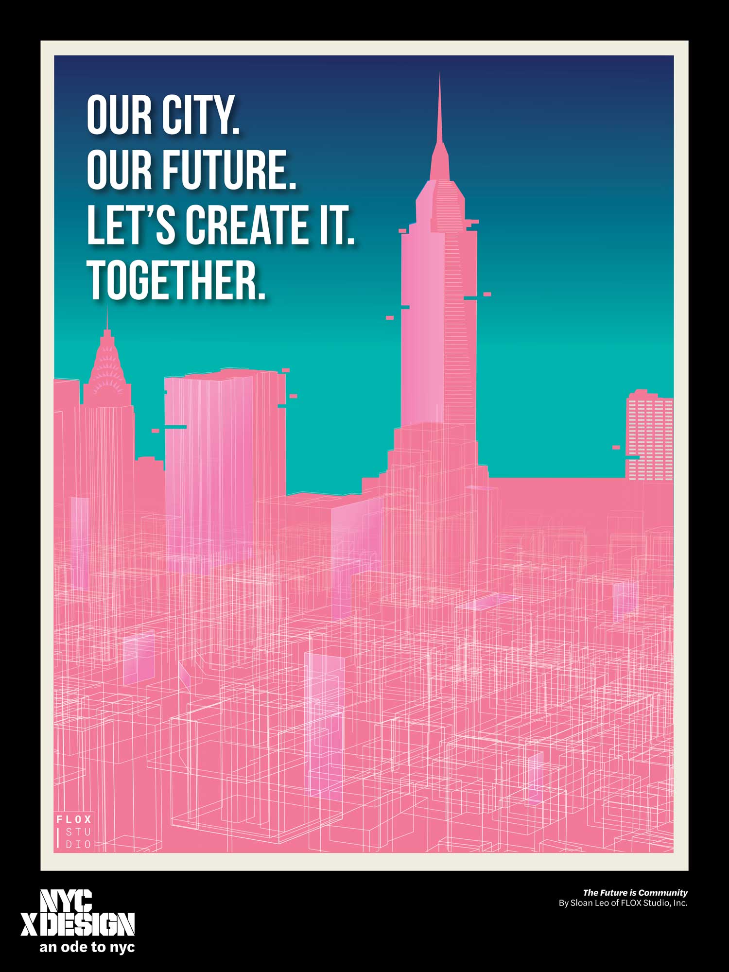 ode to nyc pink teal poster with skyline