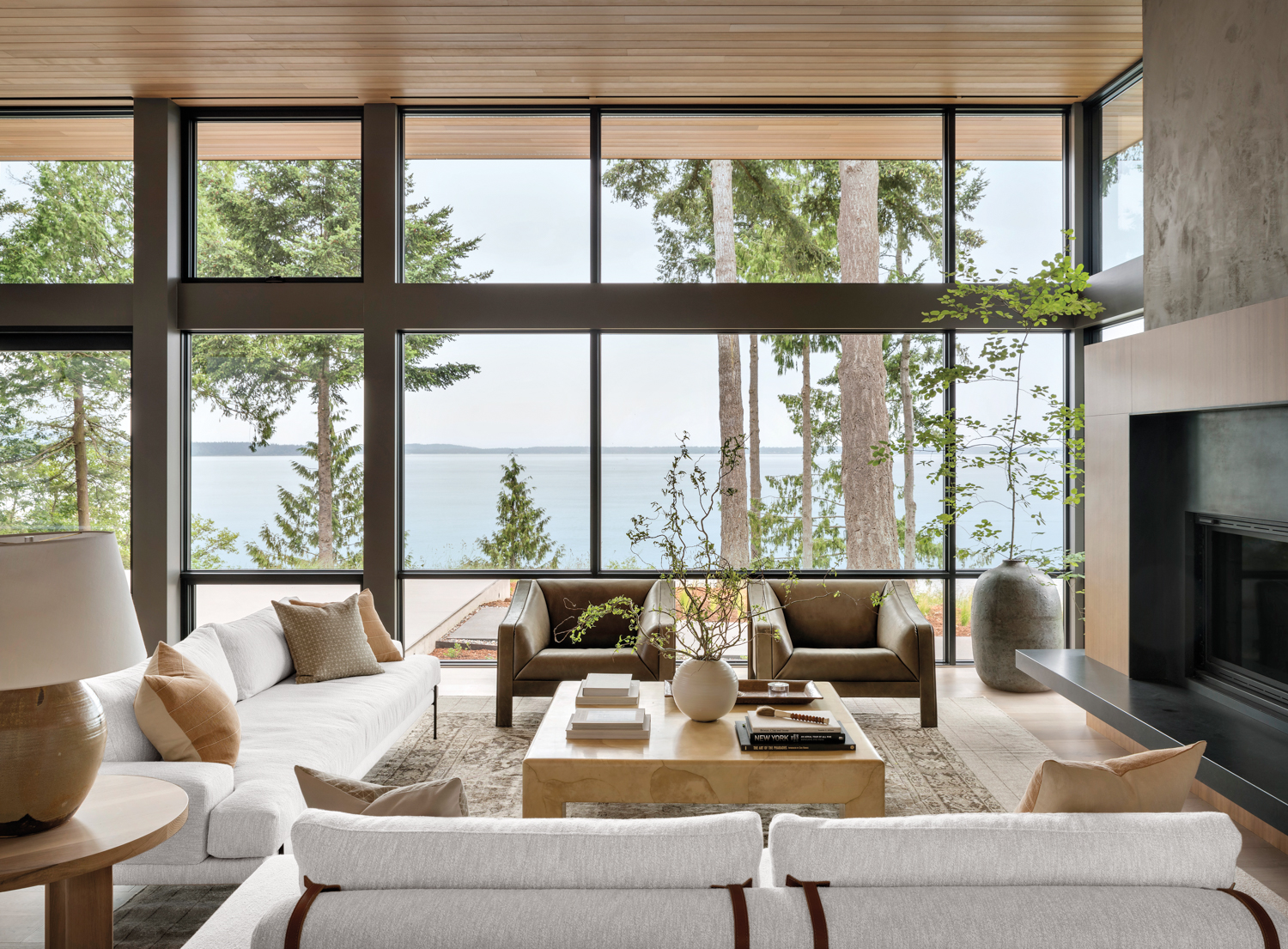 Floor-to-ceiling windows in the living room let in tree and water views.