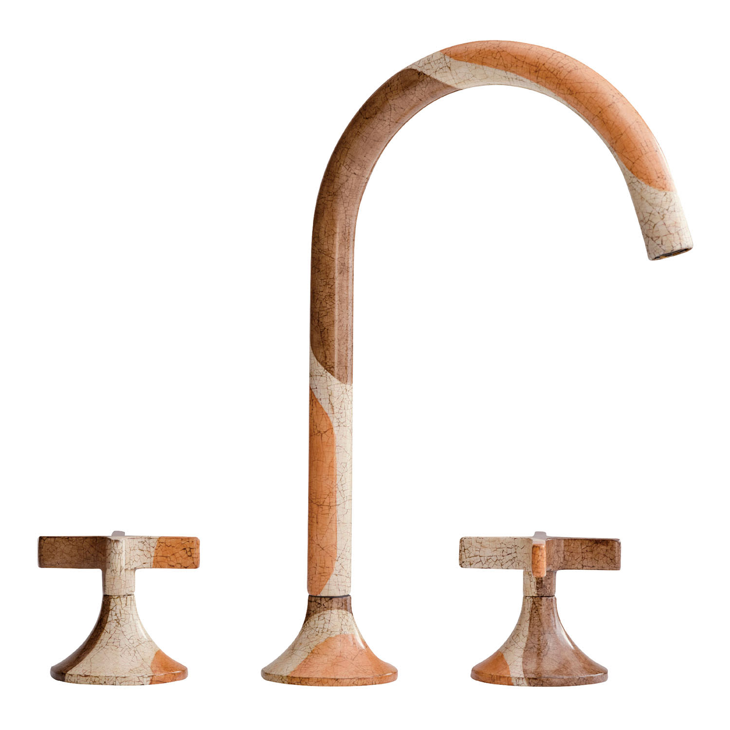 A faucet and handles in a pattern of browns and whites with a mosaic made from eggshells.
