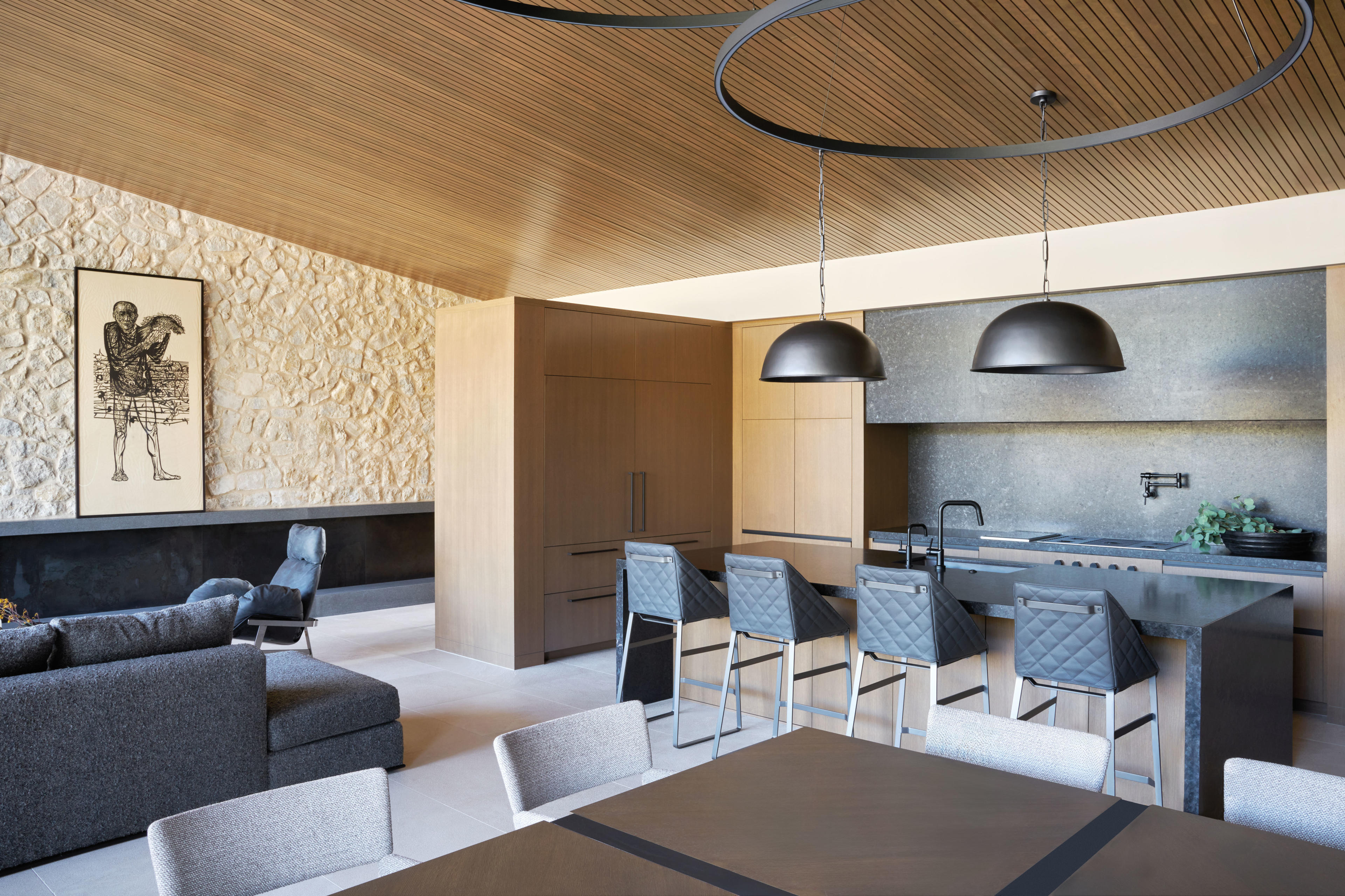 kitchen with urban design elements including black accents