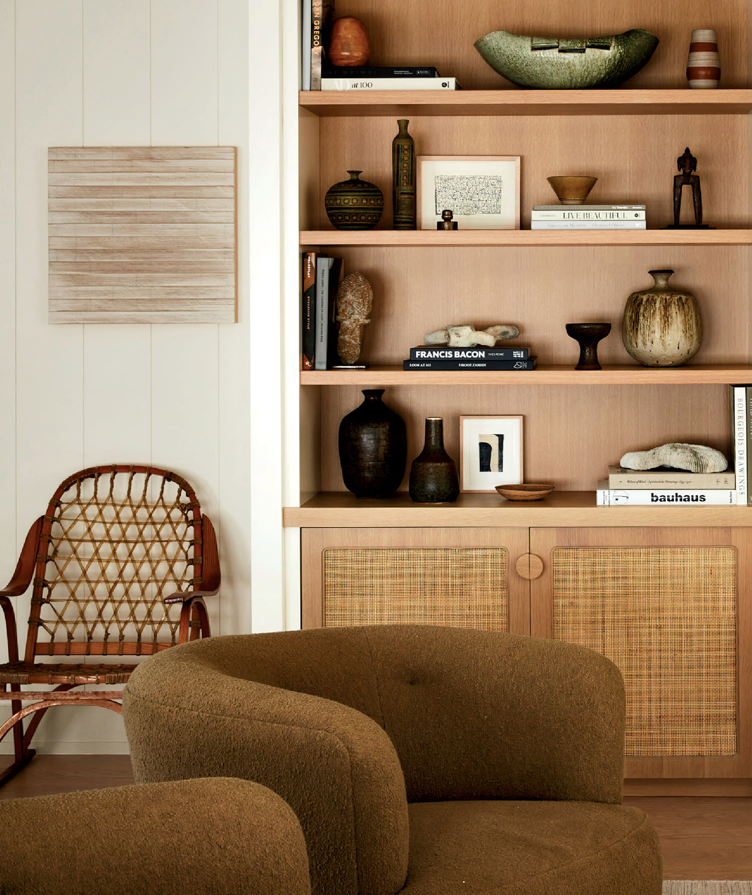 living room with a vintage woven chair