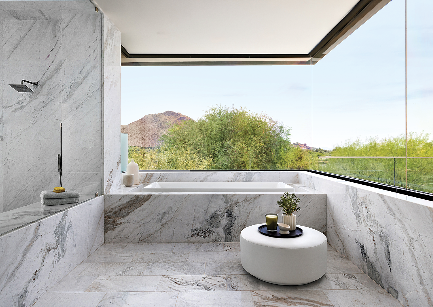primary bathroom wrapped in Calacatta marble