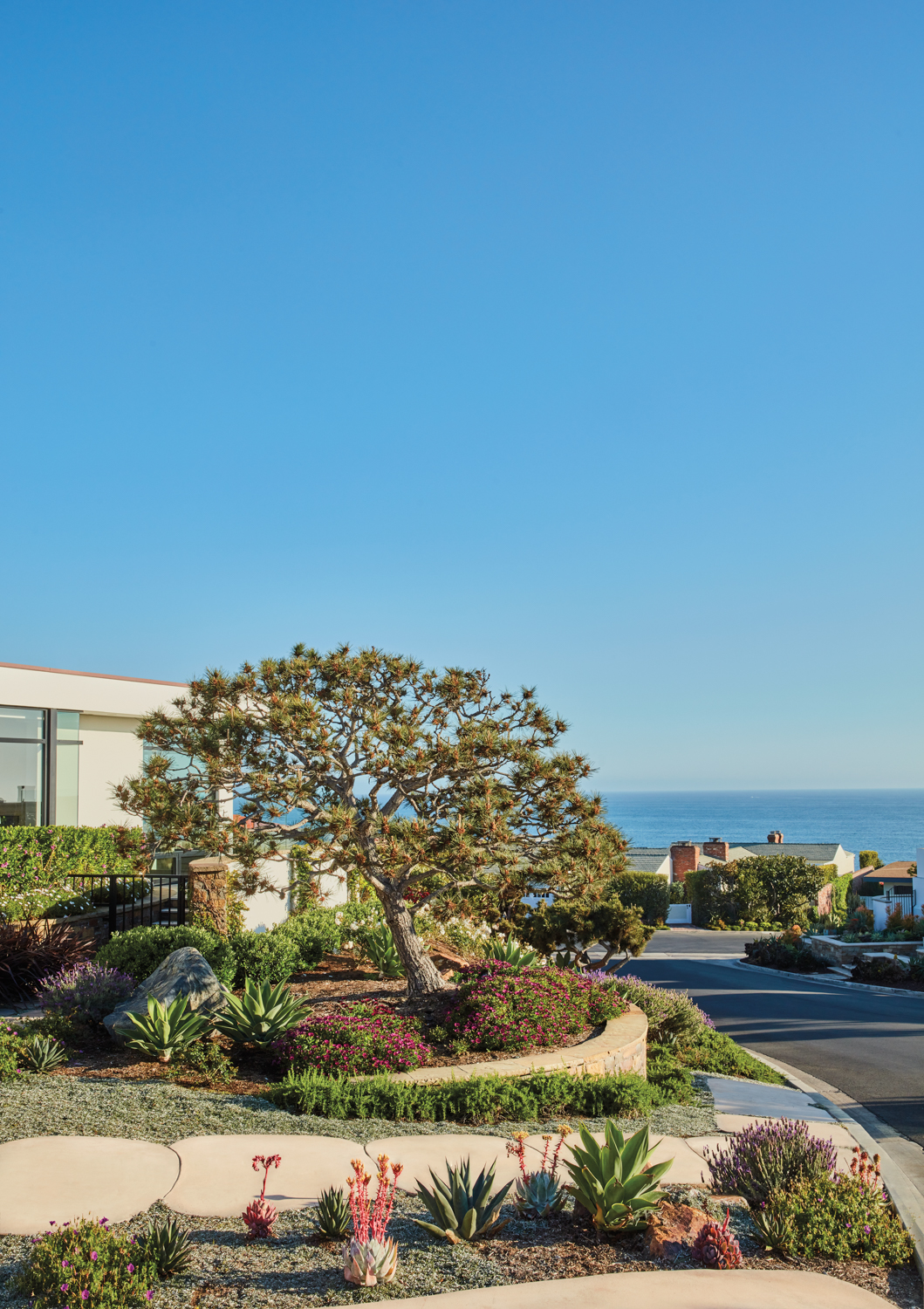 exterior front landscaped garden of a home with Japanese black pine tree at center