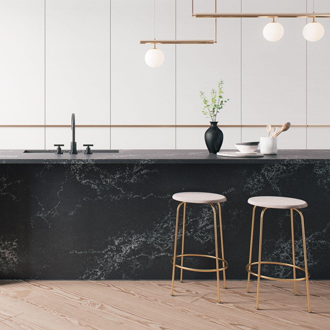 caesarstone black marble island two barstools