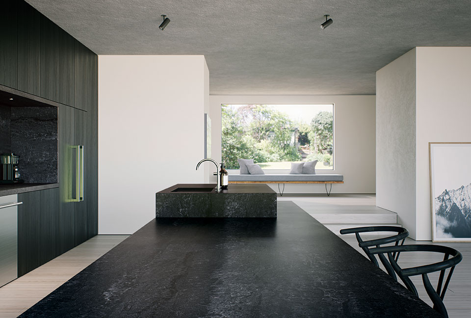 caesarstone view from island with bit window white wall