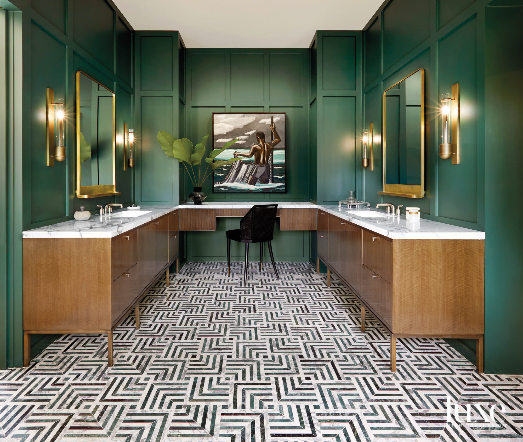 Bathroom featuring dark green walls and mosaic flooring