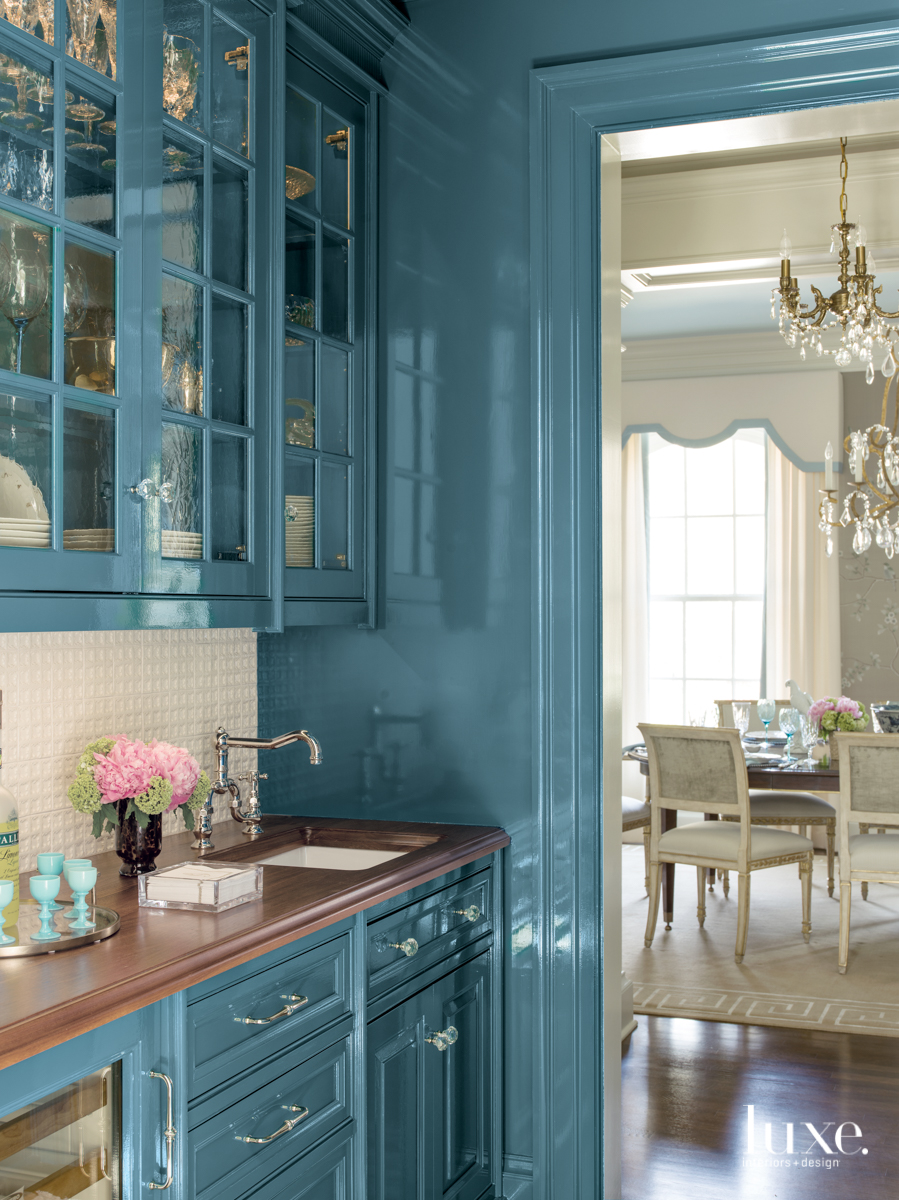 traditional pantry blue cabinetry