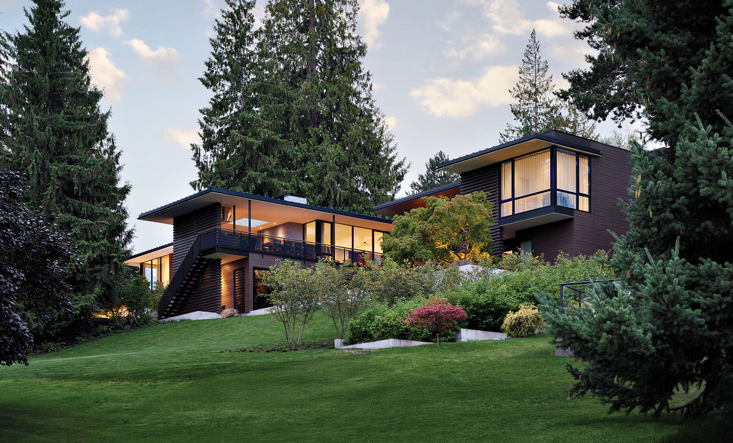 cedar and bronze accented home exterior in Medina, Washington