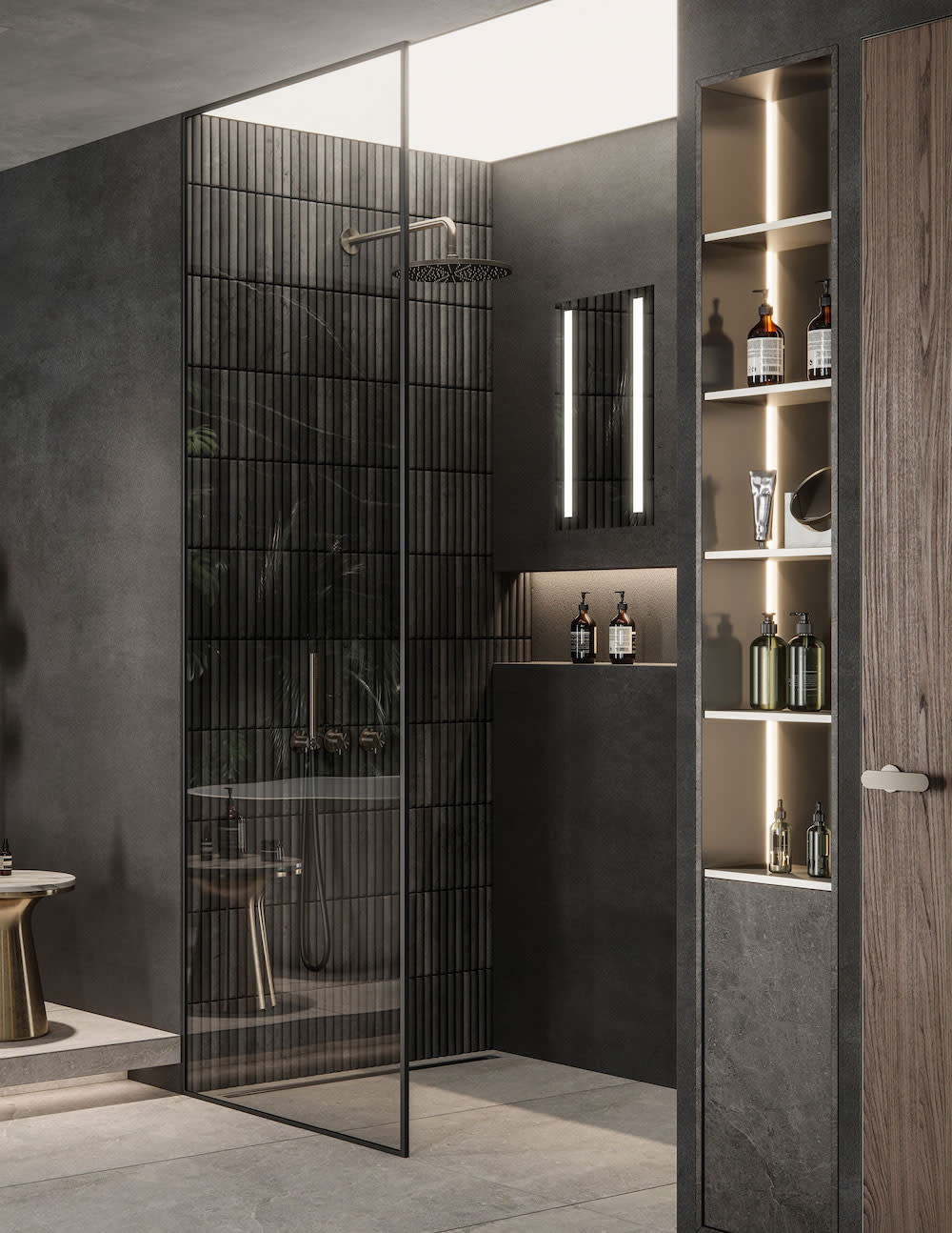 A modern bathroom with a sleek glass shower and a stylish wooden vanity.