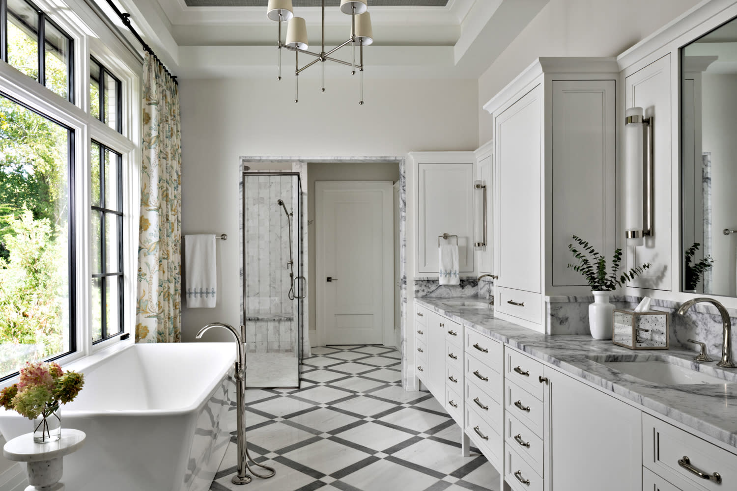 white and grey classic yet modern bathroom 