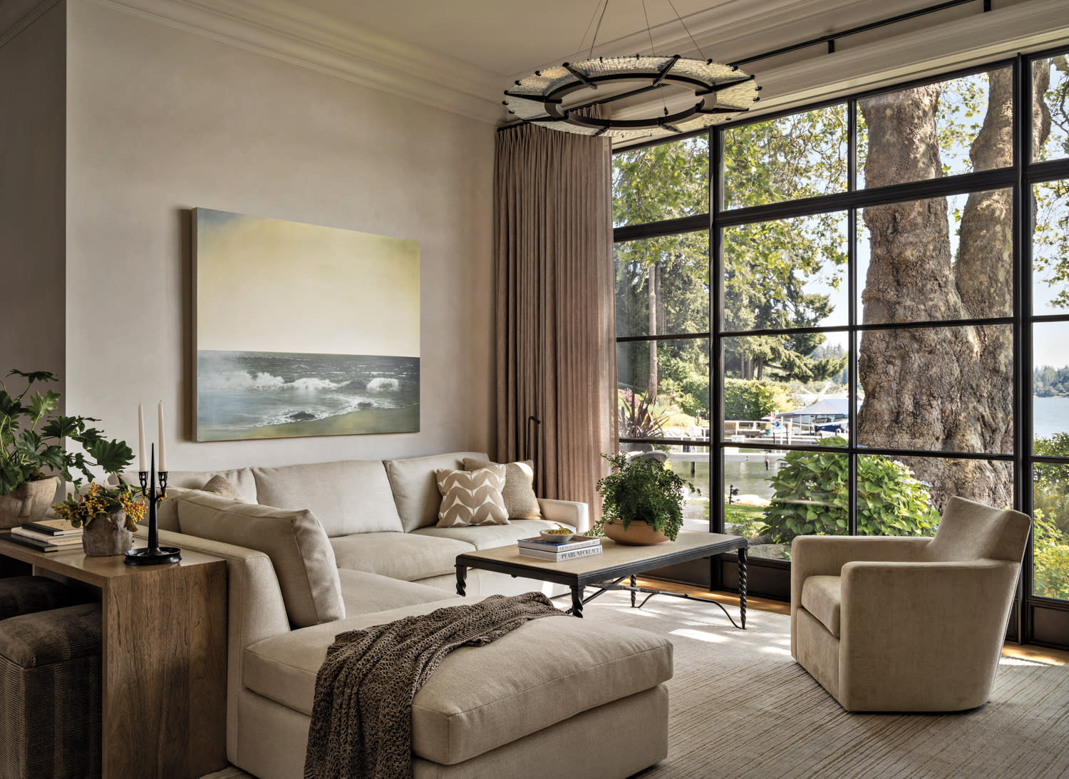 cozy neutral den in an elegant home