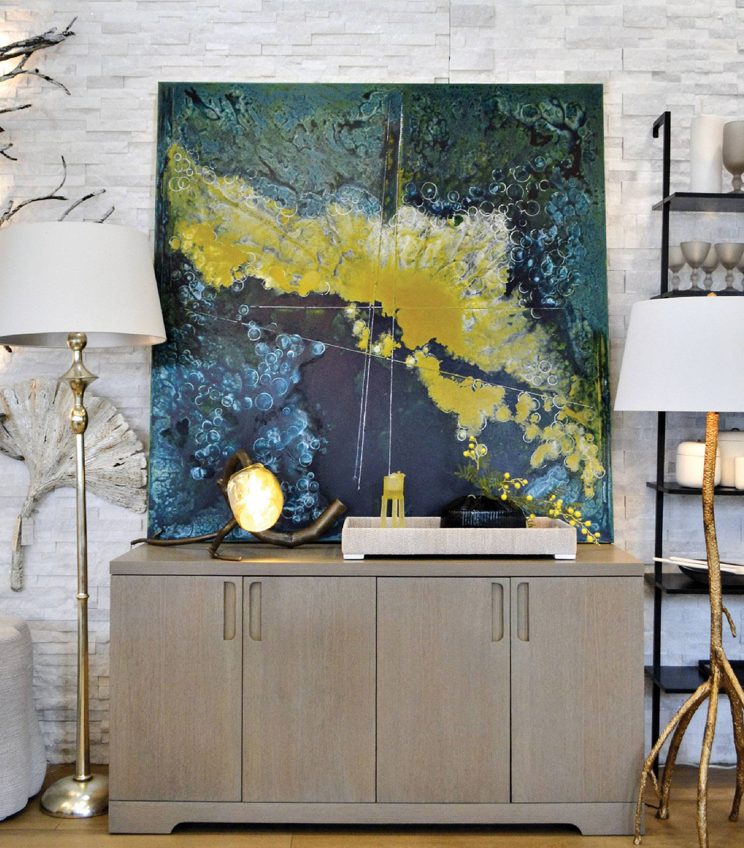 abstract artwork atop a console