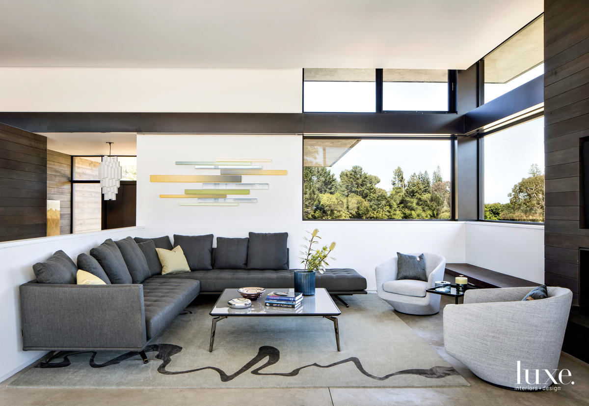 modern living room gray sectional yellow accents