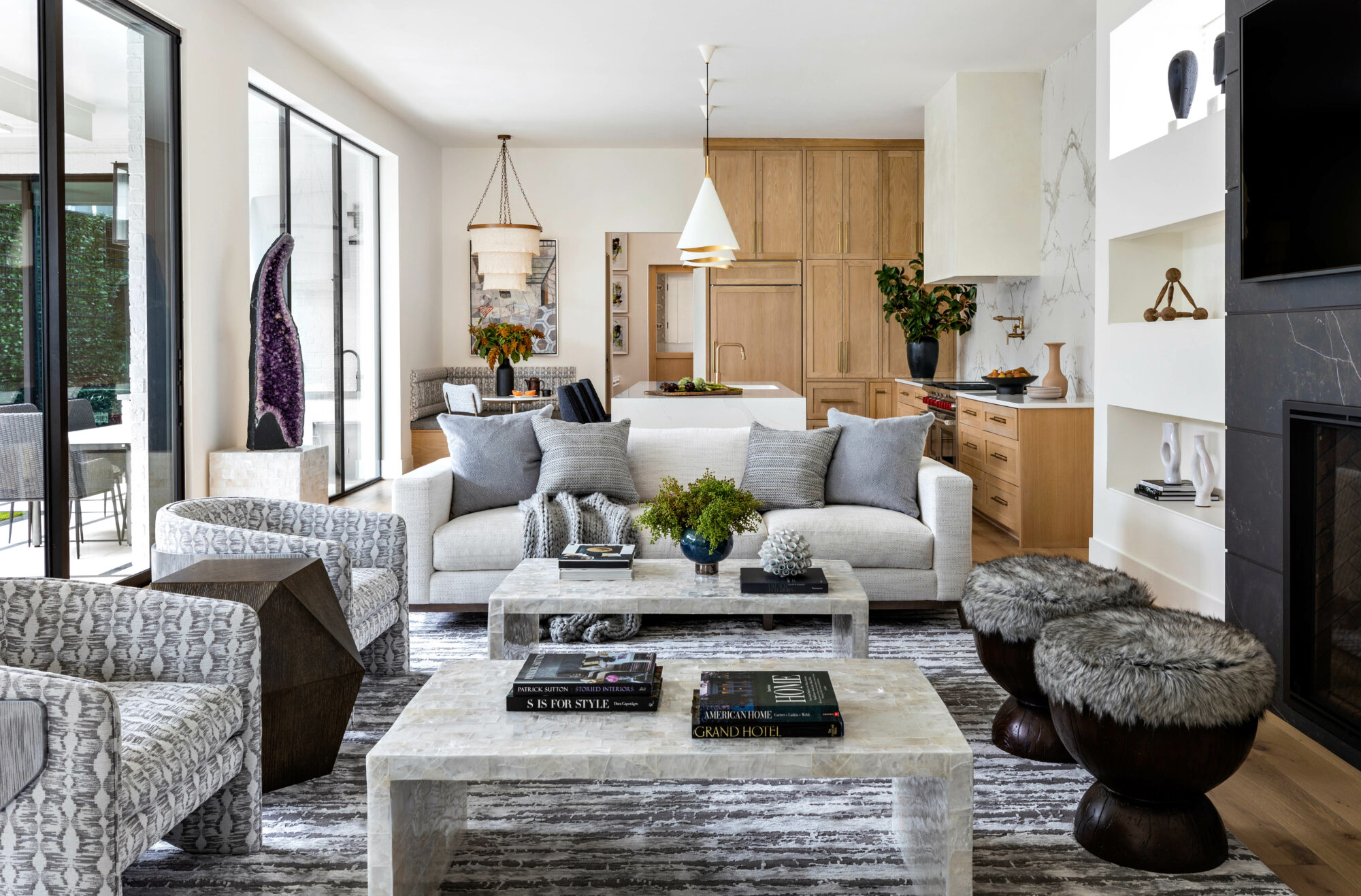 adjoined family room and kitchen in a neutral palette