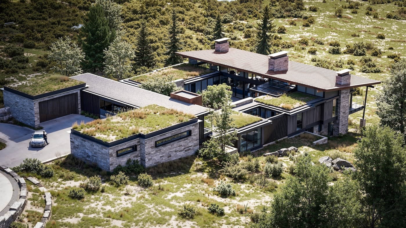 A modern eco-friendly house with a green roof, large windows, and stone walls is surrounded by nature and trees, exuding tranquility and harmony.