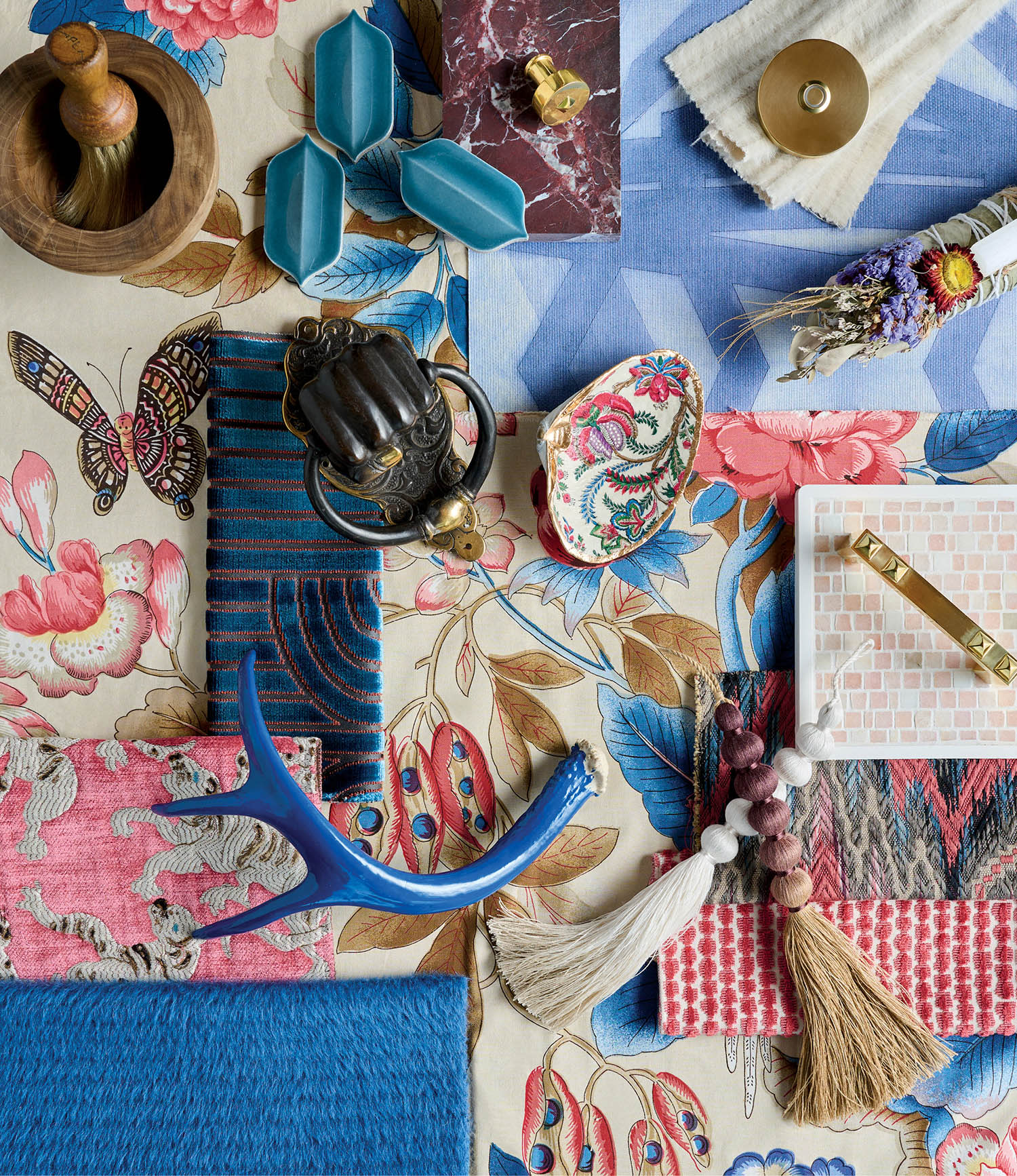 blue and pink interior design mood board